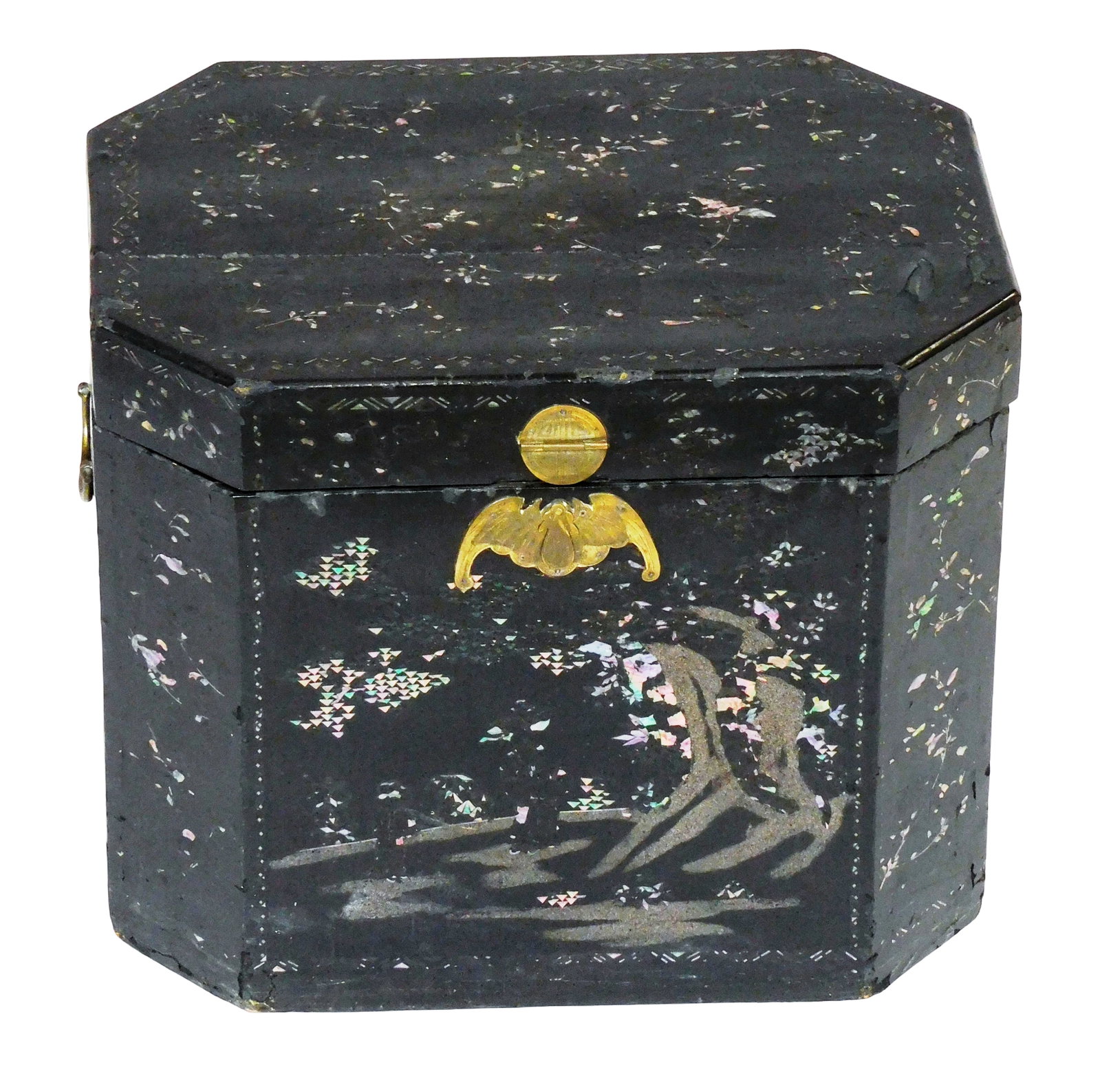 +ASIAN: Chinese export mother-of-pearl inlaid tea chest, mid 19th C., octagonal wood and paper-mache (1 of 6)