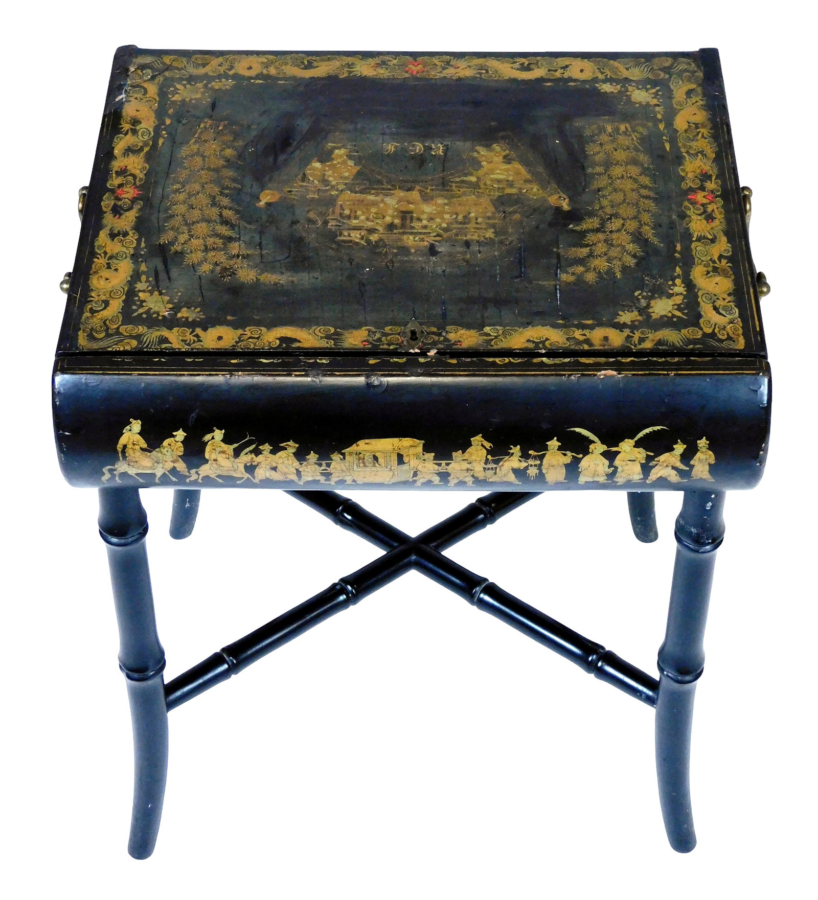 ASIAN: Chinese Export lacquer and gilt work stand, late 19th-early 20th C., hinged lid vessel, wood,: ASIAN: Chinese Export lacquer and gilt work stand, late 19th-early 20th C., hinged lid vessel, wood, lacquered box with gilt decorations depicting various scenes of Chinese figures, top with central s