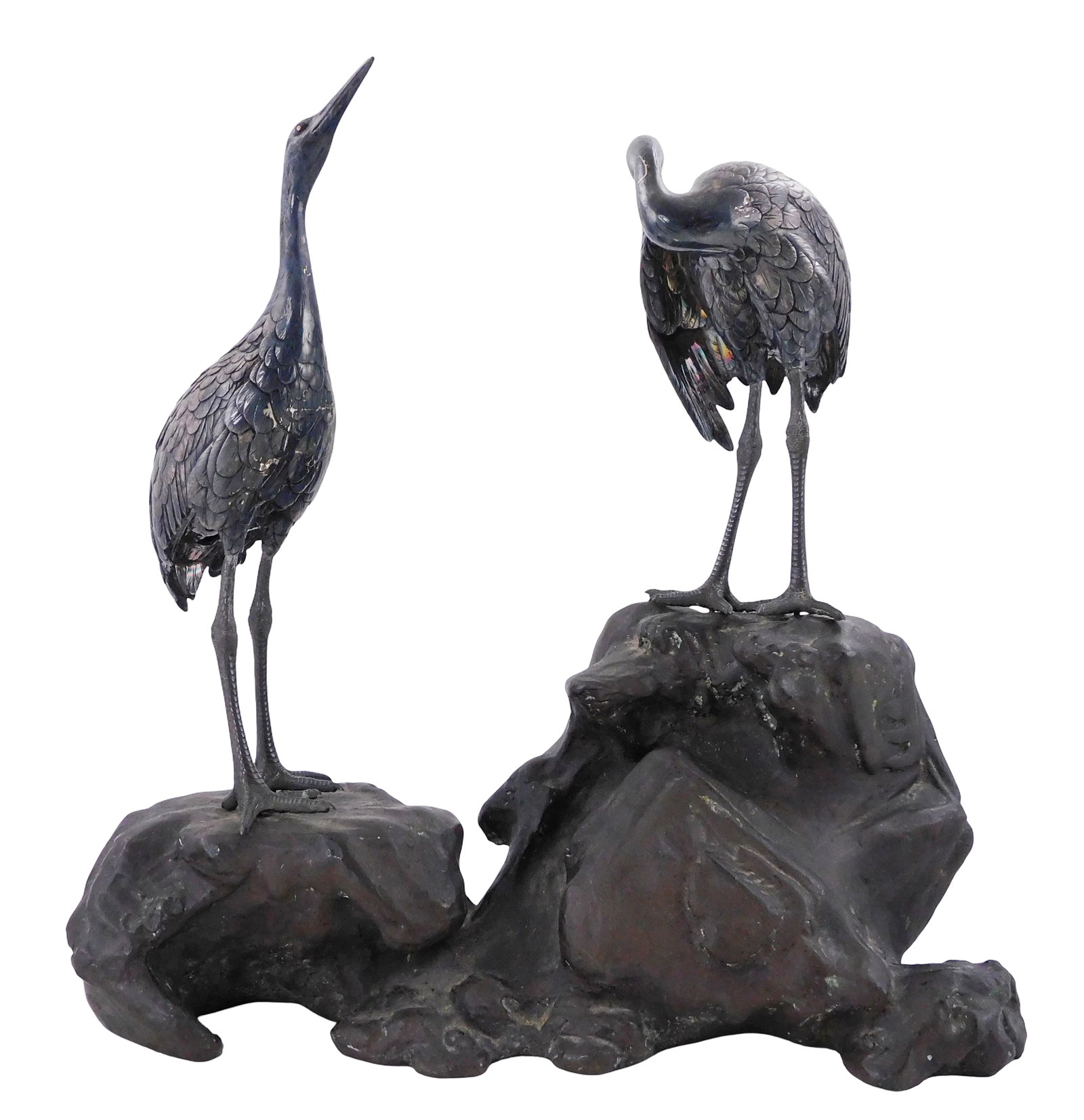 ASIAN: Japanese silvered bronze crane okimono, Meiji period, bronze cast base with two cranes, each (1 of 6)