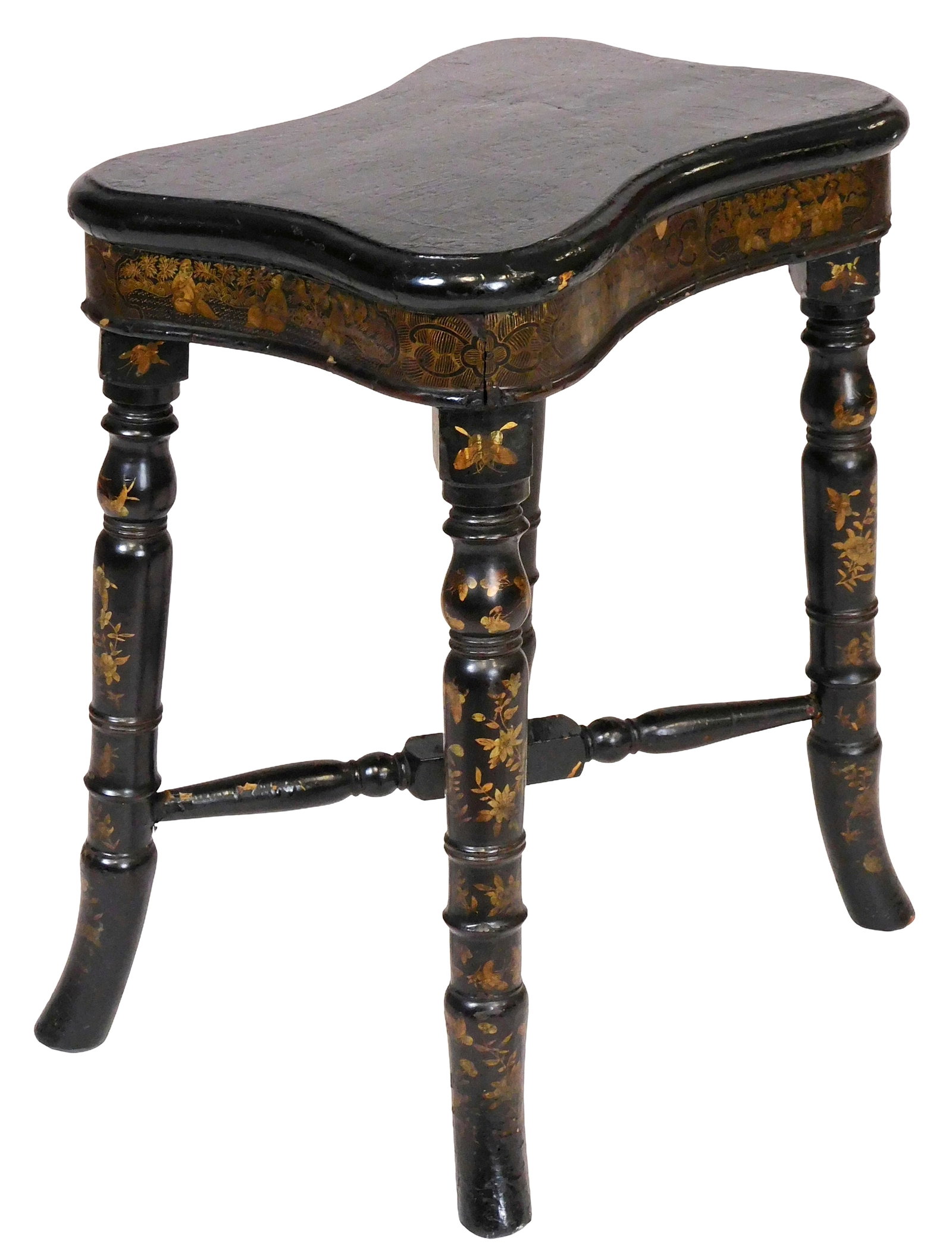 Chinoiserie cushioned stool, late 19th-early 20th C., possibly English, ebonized or Japanned finish, (1 of 4)