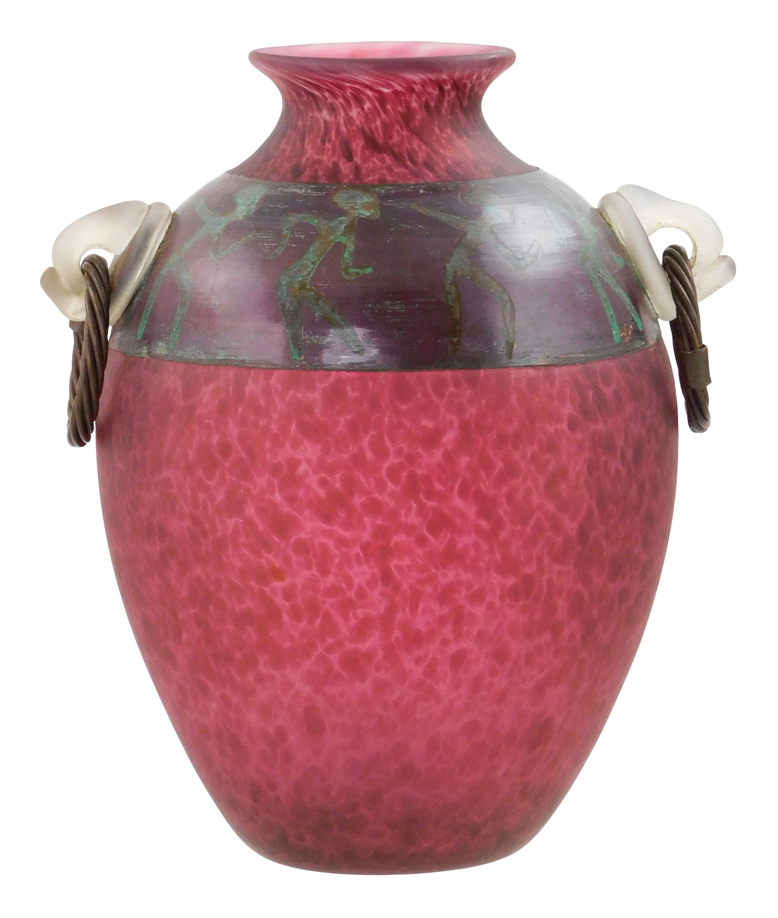 GLASS: David Bennett (American, b. 1941), blown glass and copper urn vase, c. 1994, red speckled (1 of 3)