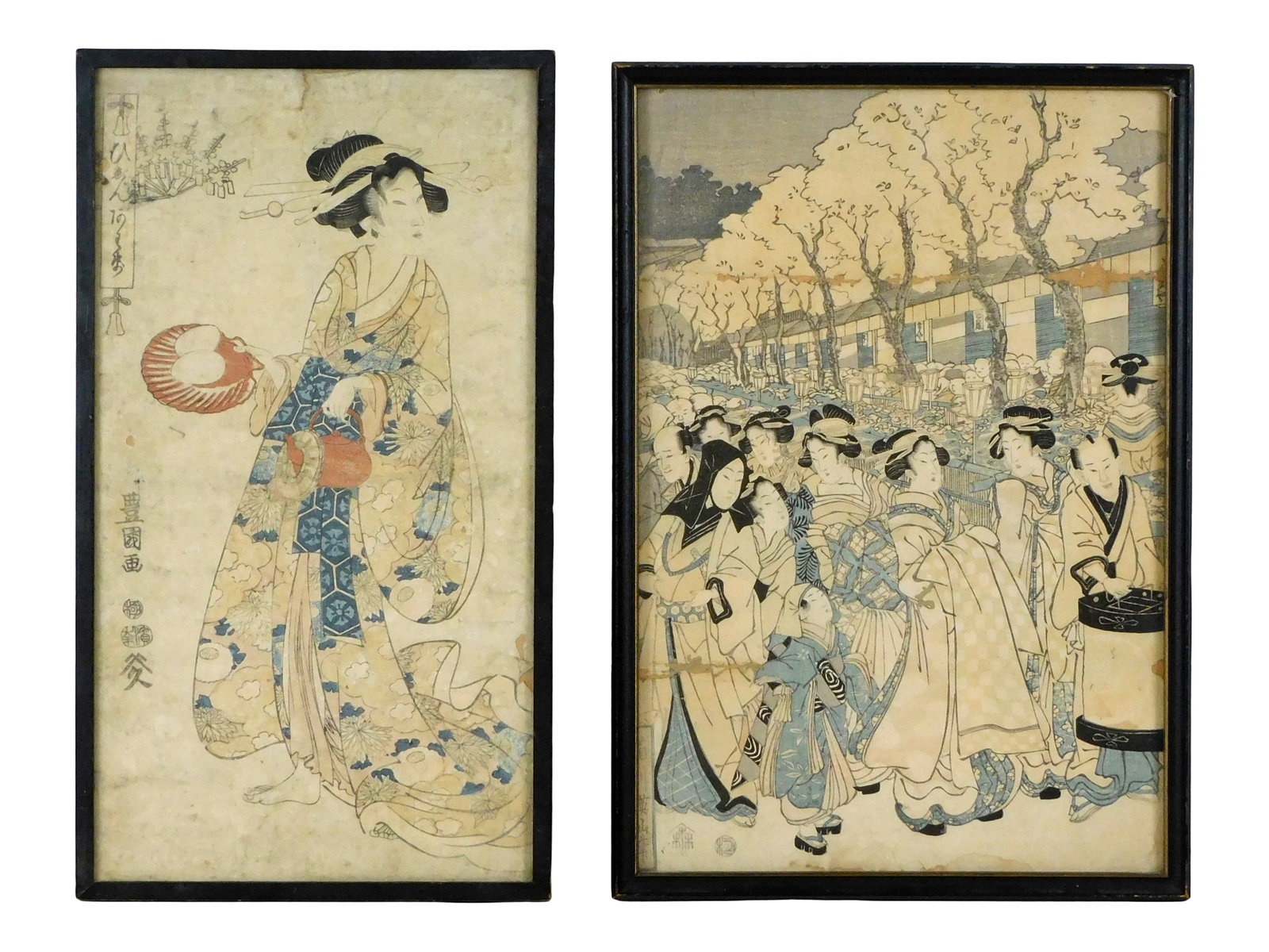 ASIAN: Two Japanese ukiyo-e woodblock prints, Eizan Kikugawa (1787- 1867) and Keisai Eisen: ASIAN: Two Japanese ukiyo-e woodblock prints, Eizan Kikugawa (1787- 1867) and Keisai Eisen (1790–1848), both framed behind glass, details include: first by Eizan Kikugawa, from "Collected Beauti
