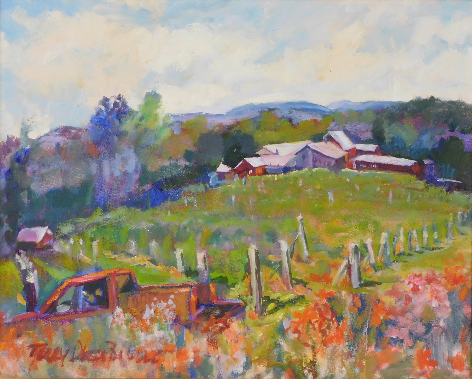 Terry Oakes Bourret (Durham CT, 1944/45-2015), "Gouveia Vineyards", 21st C., oil on canvas, numbered (1 of 4)
