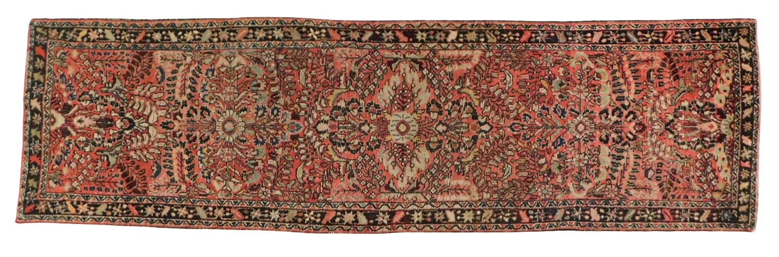 RUG: Semi-antique Persian Hamadan runner, 2'9" x 9'8", wool on cotton, pink ground, brown and navy (1 of 2)