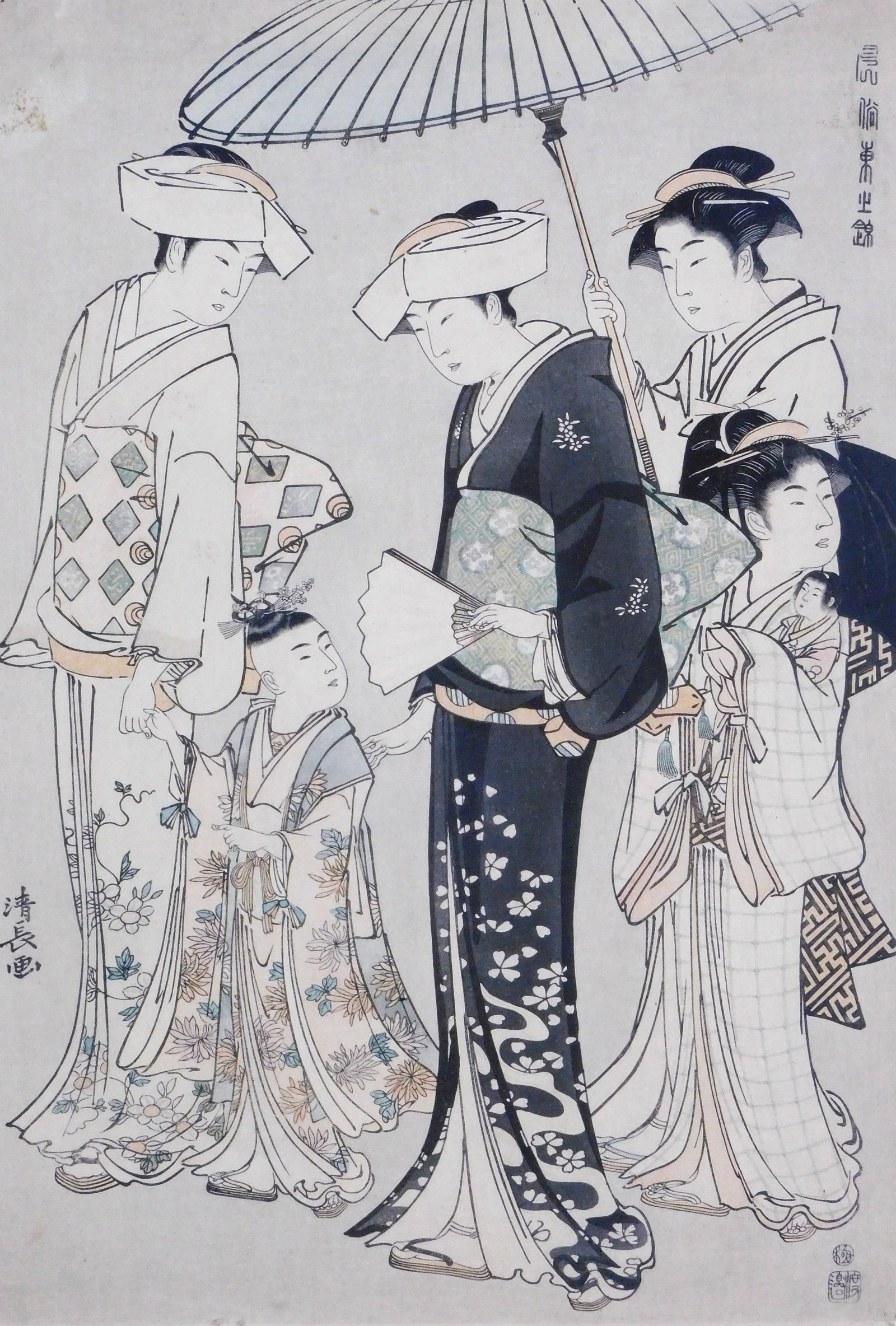 ASIAN: Torii Kiyonaga (1752-1815) "Himegimi Out for a Walk", alternatively "High Ranking Samurai: ASIAN: Torii Kiyonaga (1752-1815) "Himegimi Out for a Walk", alternatively "High Ranking Samurai Girl with four Attendants", ukiyo-e woodblock print, unknown edition/ date, from the series "A Brocade 
