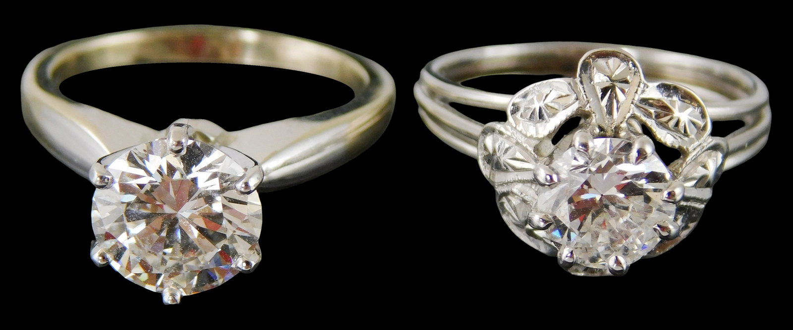 JEWELRY: Two 14K White gold rings, one solitaire and one cocktail, both stamped and tested 14K and: JEWELRY: Two 14K White gold rings, one solitaire and one cocktail, both stamped and tested 14K and set with imitation diamonds, details include: first an engagement ring with six-prong crown, set with