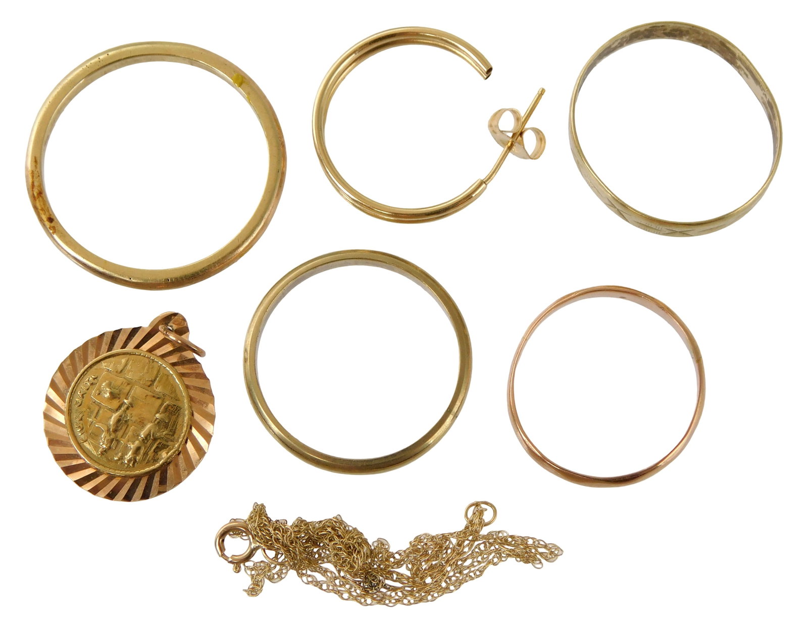 JEWELRY: Miscellaneous gold, seven pieces, 14K and one 10K, details include: three stamped and (1 of 2)