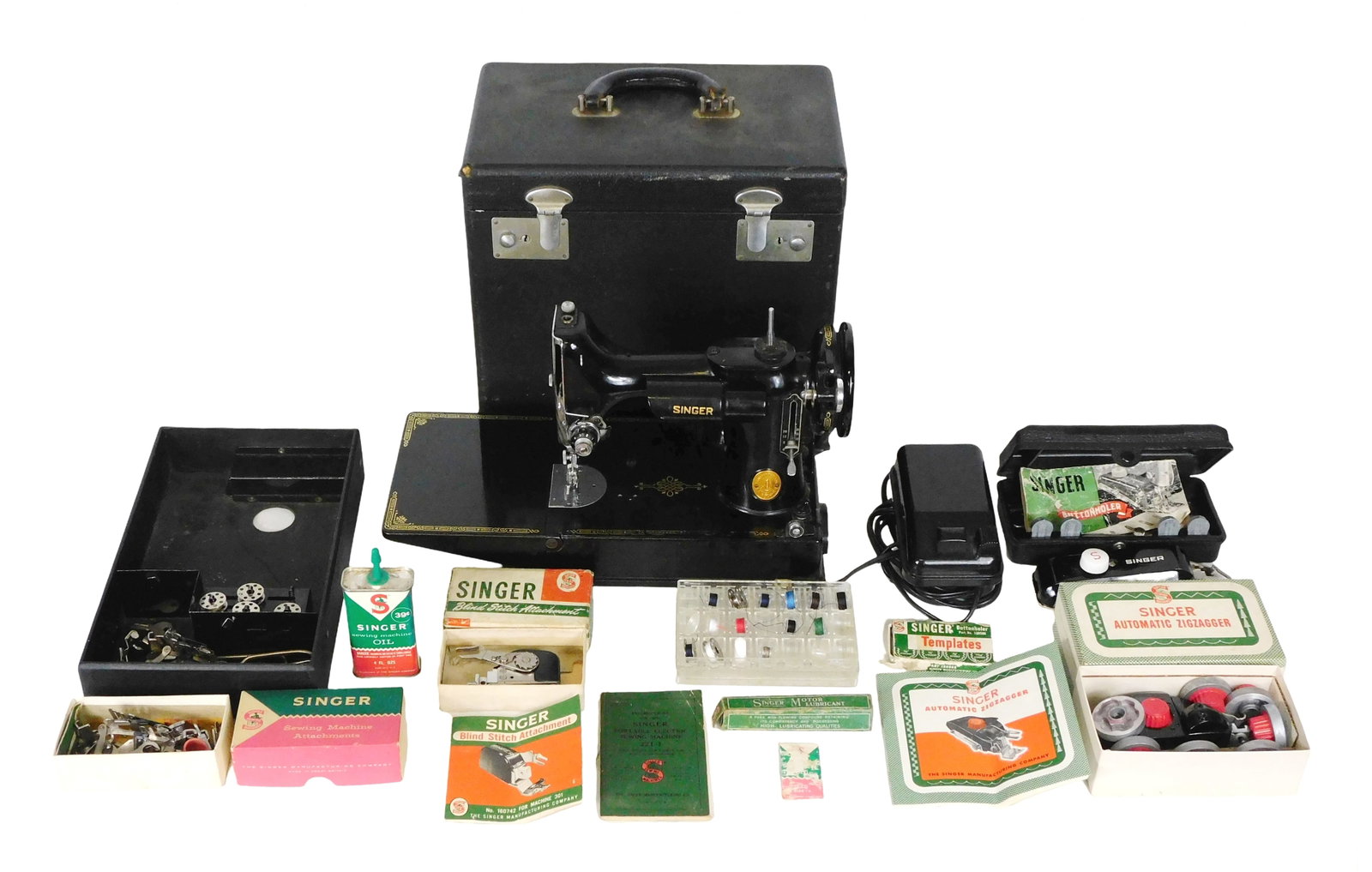 Singer no. 678-3 featherweight sewing machine and accessories, c. 1950, American, lightweight (1 of 5)