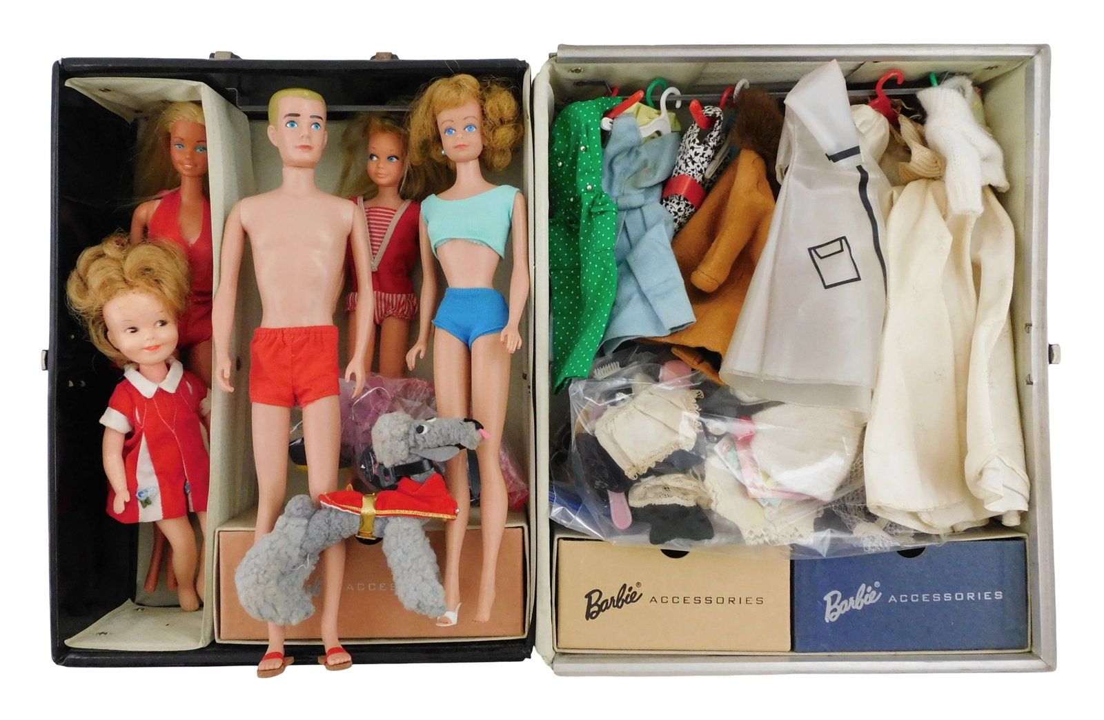 DOLLS: Vintage 1960's Barbie doll case with dolls and accessories, highlights include: 1962 black (1 of 3)