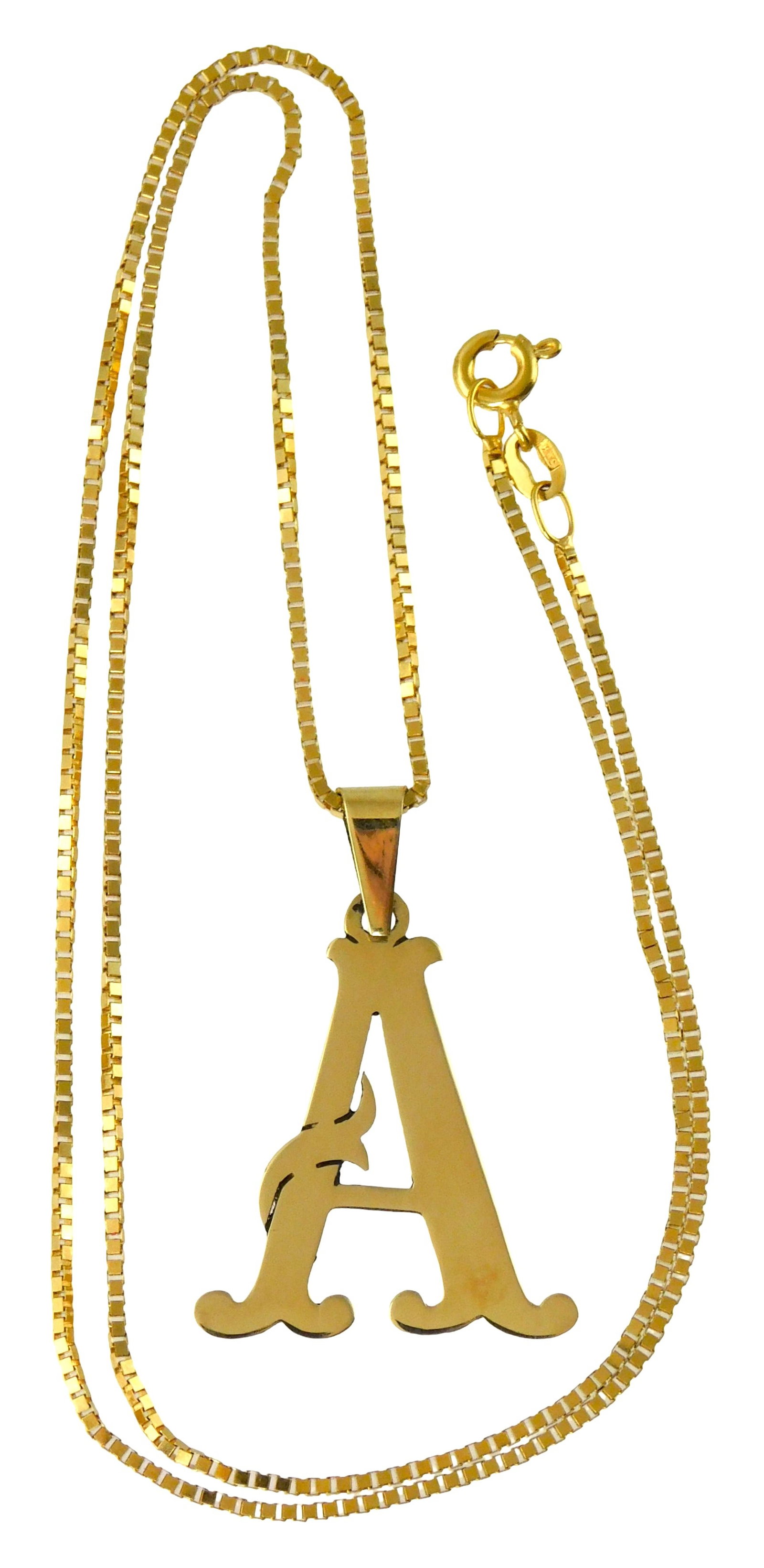 JEWELRY: 14K Yellow gold chain and 'A' pendant, both stamped and tested, box chain with spring (1 of 3)