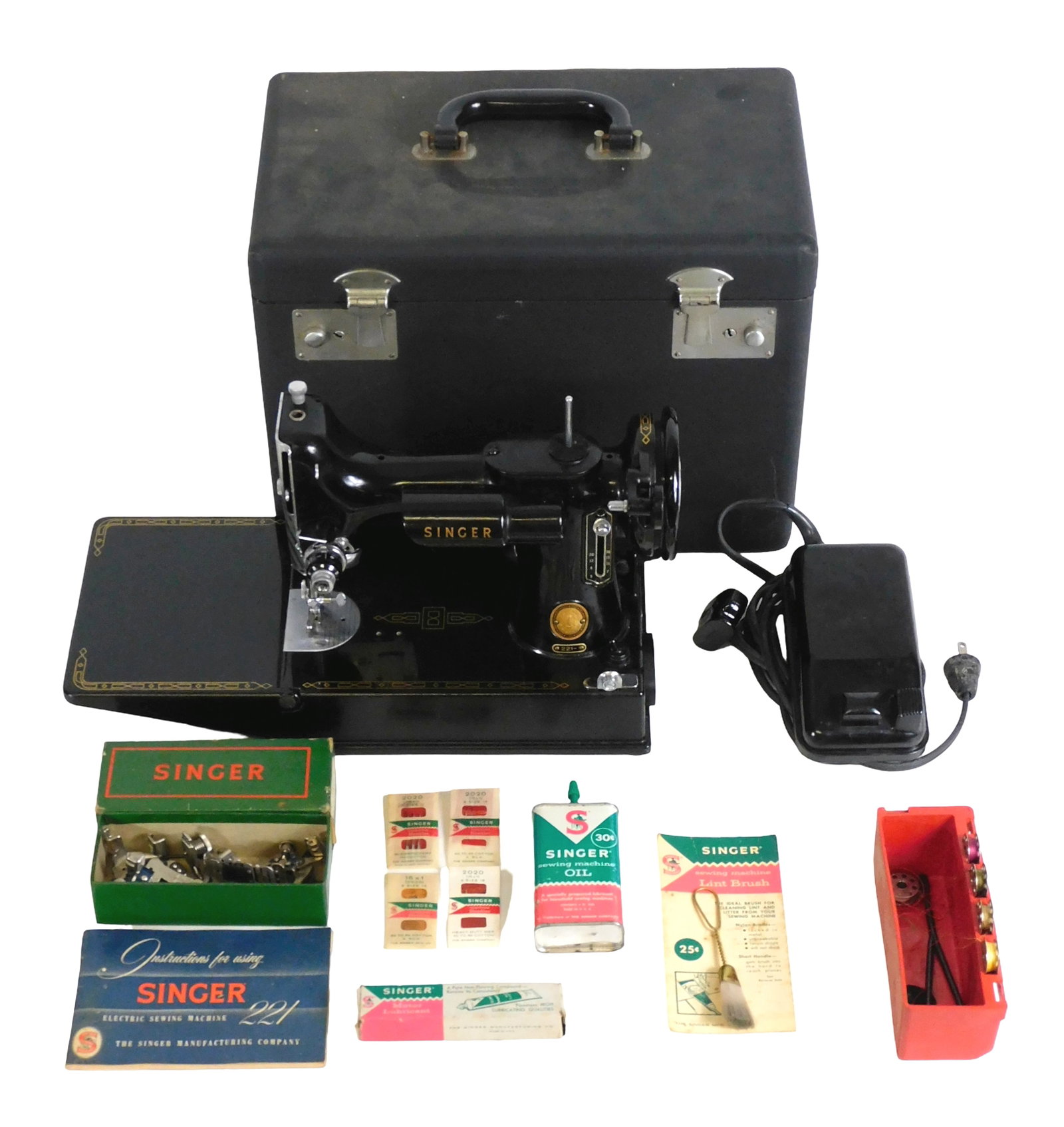 Singer no. G 678-04 featherweight sewing machine and accessories, c. 1956, United States, (1 of 4)
