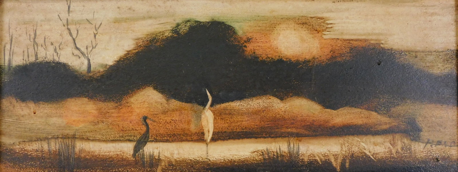 Ralph Eno (American, 1902- 1962), oil on board, depictions of shorebirds on the banks of a small: Ralph Eno (American, 1902- 1962), oil on board, depictions of shorebirds on the banks of a small pond in a muted color palette, reeds and grass surround, hills and forest to background, signed lower r