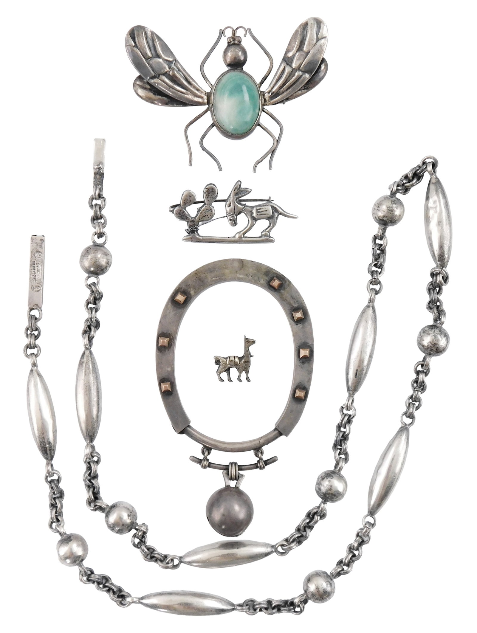 SILVER JEWELRY: Taxco, etc., five pieces of tested silver jewelry including two Mexican, details (1 of 3)