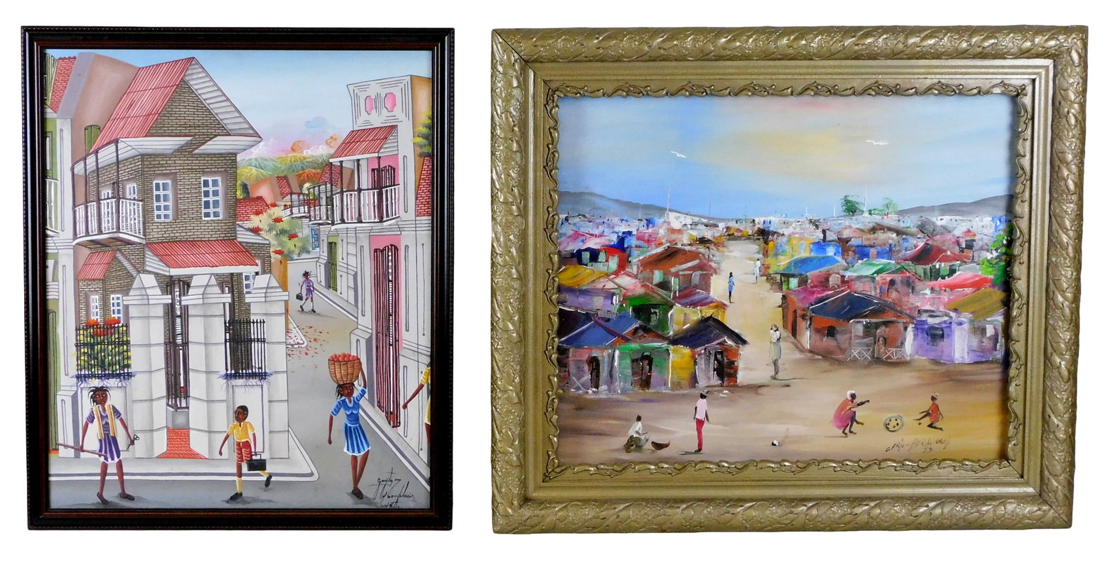 Two contemporary oil on canvas Haitian scenes, including Haitian Cap-style street scene with figures: Two contemporary oil on canvas Haitian scenes, including Haitian Cap-style street scene with figures throughout, by Guyton Monplaisir, signed lower right, ss: 21 ¾” h. x 18 ¼” w.; and village st