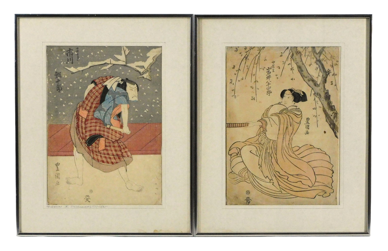 ASIAN: Two Japanese ukiyo-e woodblock prints, both signed Toyokuni, details include: Utagawa: ASIAN: Two Japanese ukiyo-e woodblock prints, both signed Toyokuni, details include: Utagawa Toyokuni II (Toyoshige) (Japanese, 1777-1835), standing samurai/ kabuki actor in outdoor Winter scene, unkn