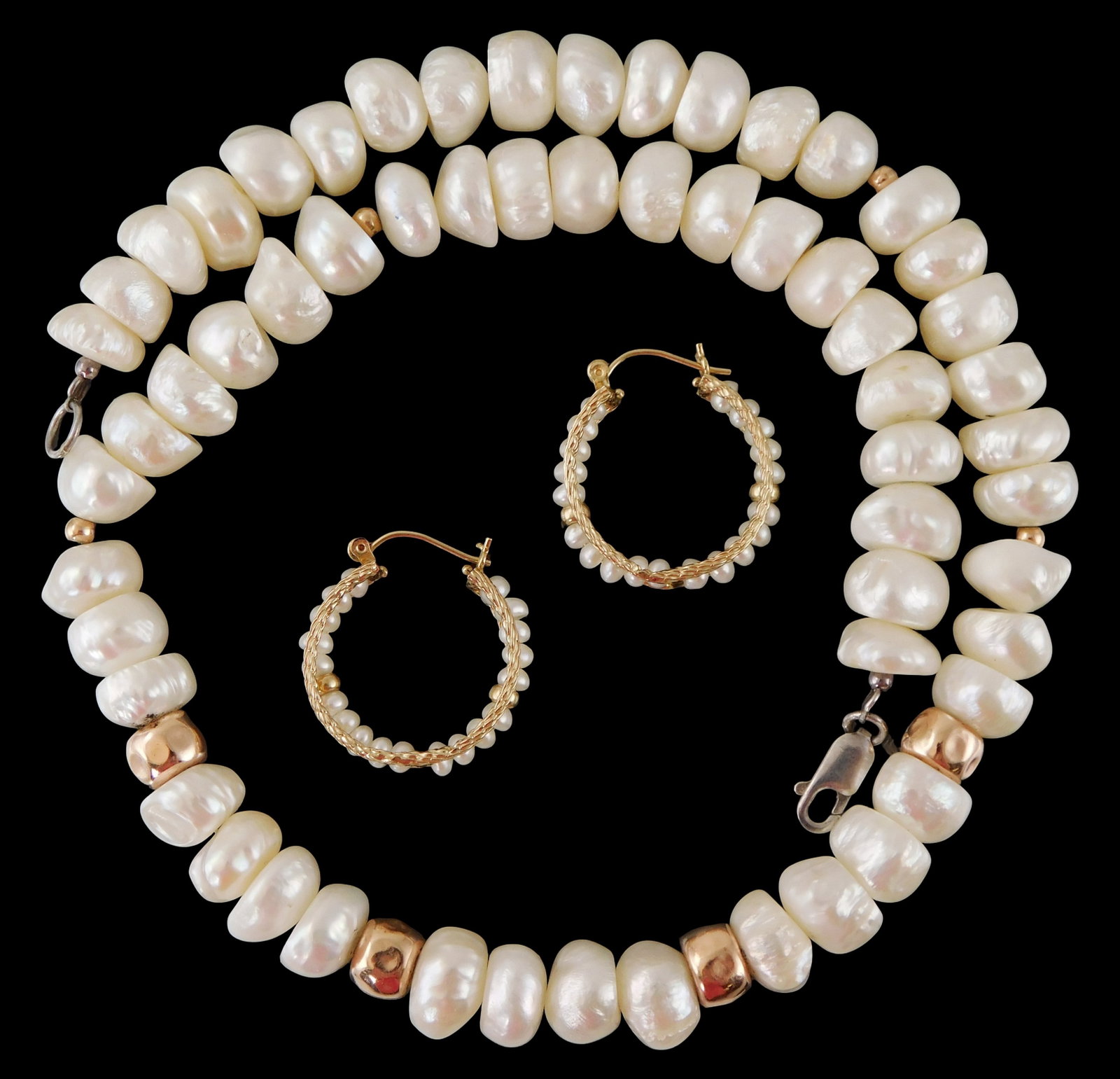 JEWELRY: 14K and freshwater pearl necklace and similar earrings: necklace with button shaped pearls: JEWELRY: 14K and freshwater pearl necklace and similar earrings: necklace with button shaped pearls and four 14K rondelles and four 3mm gold beads, sterling silver lobster claw clasp, 16 1/2" l.; and 