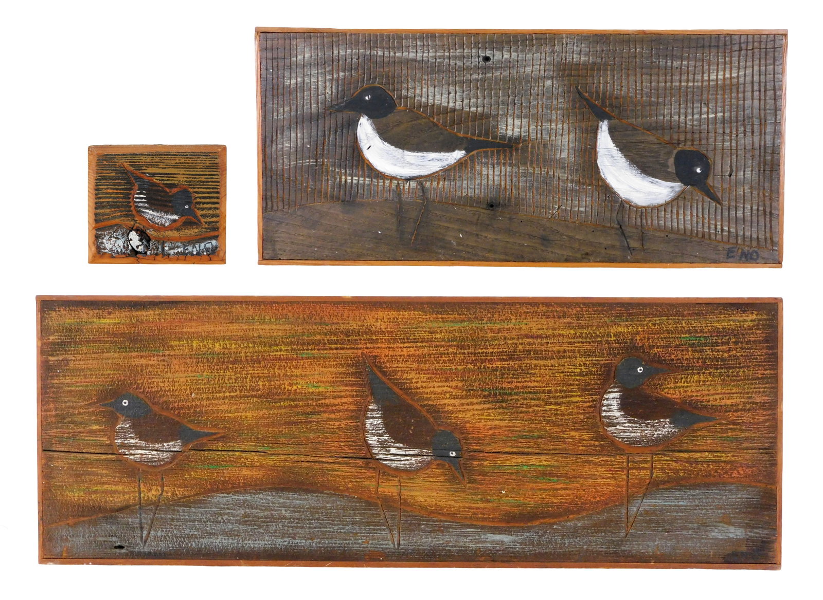 Ralph and Daisy Eno (American, 1902- 1962/1914- 2002), three shorebird paintings, oil on carved (1 of 10)
