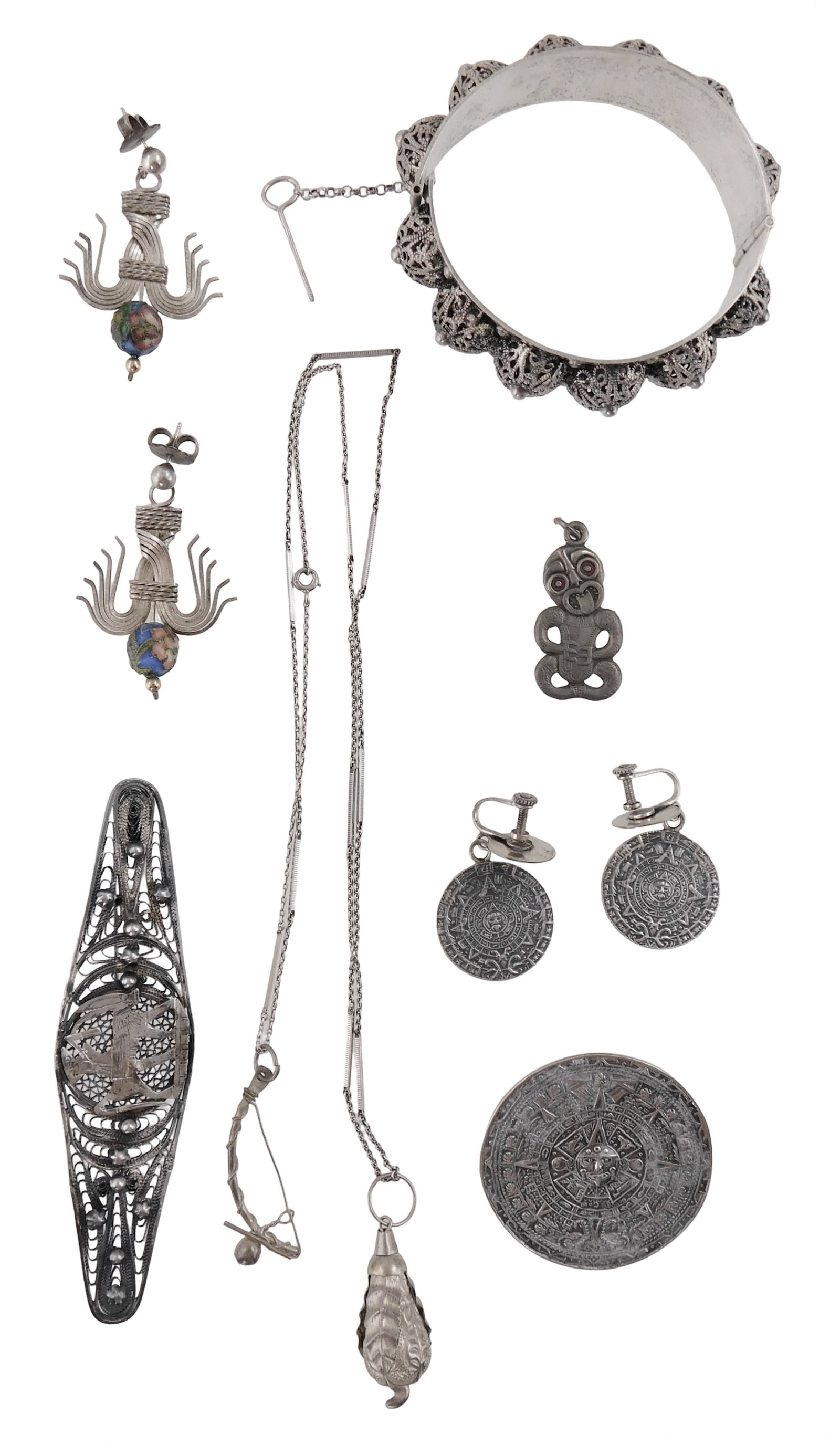 SILVER JEWELRY: Nine pieces of stamped and/or tested silver, including: set of Mexican "Aztec Mayan: SILVER JEWELRY: Nine pieces of stamped and/or tested silver, including: set of Mexican "Aztec Mayan Sun Calendar" disc form brooch pin and earrings, stamped "925 Hecho Mexico", larger: 1 5/8" diam.; t