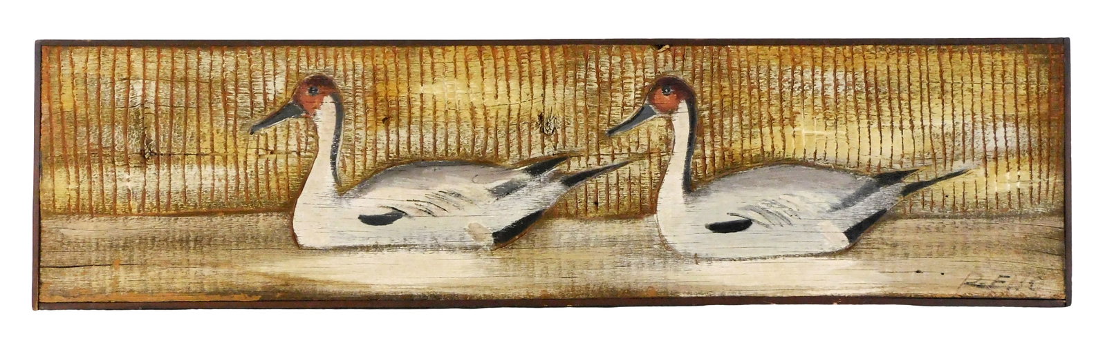 Ralph Eno (American, 1902- 1962), oil on carved board, depictions of two ducks on the surface of the: Ralph Eno (American, 1902- 1962), oil on carved board, depictions of two ducks on the surface of the water, muted background, details and background with carved embellishments, muted colors with purpo