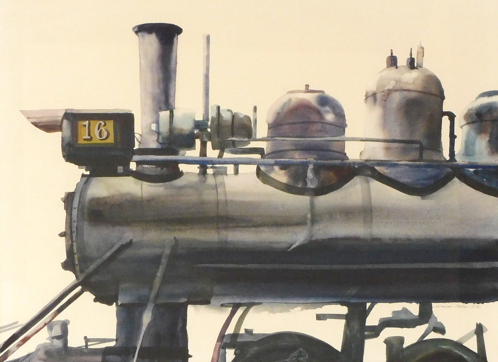 Steven Cryan (Connecticut, 20th C.), watercolor on paper, 1972, detail of steam train engine in (1 of 4)
