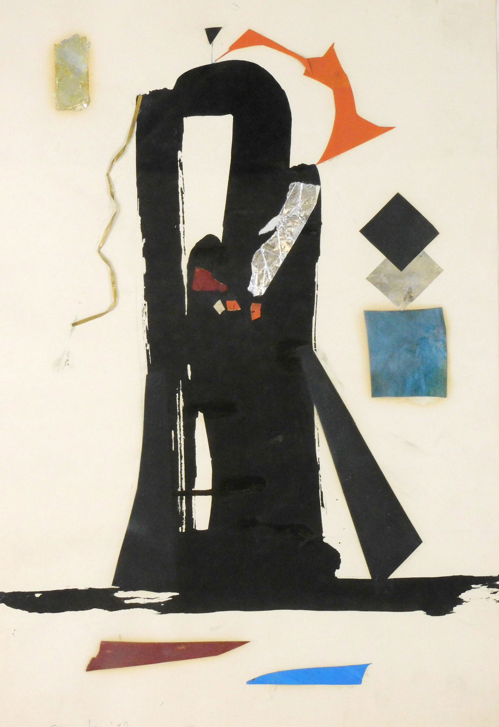 George Spaventa (American, 1918-1978), “Collage”, 1957, collage on paper, abstract: George Spaventa (American, 1918-1978), “Collage”, 1957, collage on paper, abstract composition with black paint in arched form surrounded by cut paper and silver foil, pencil signed with d