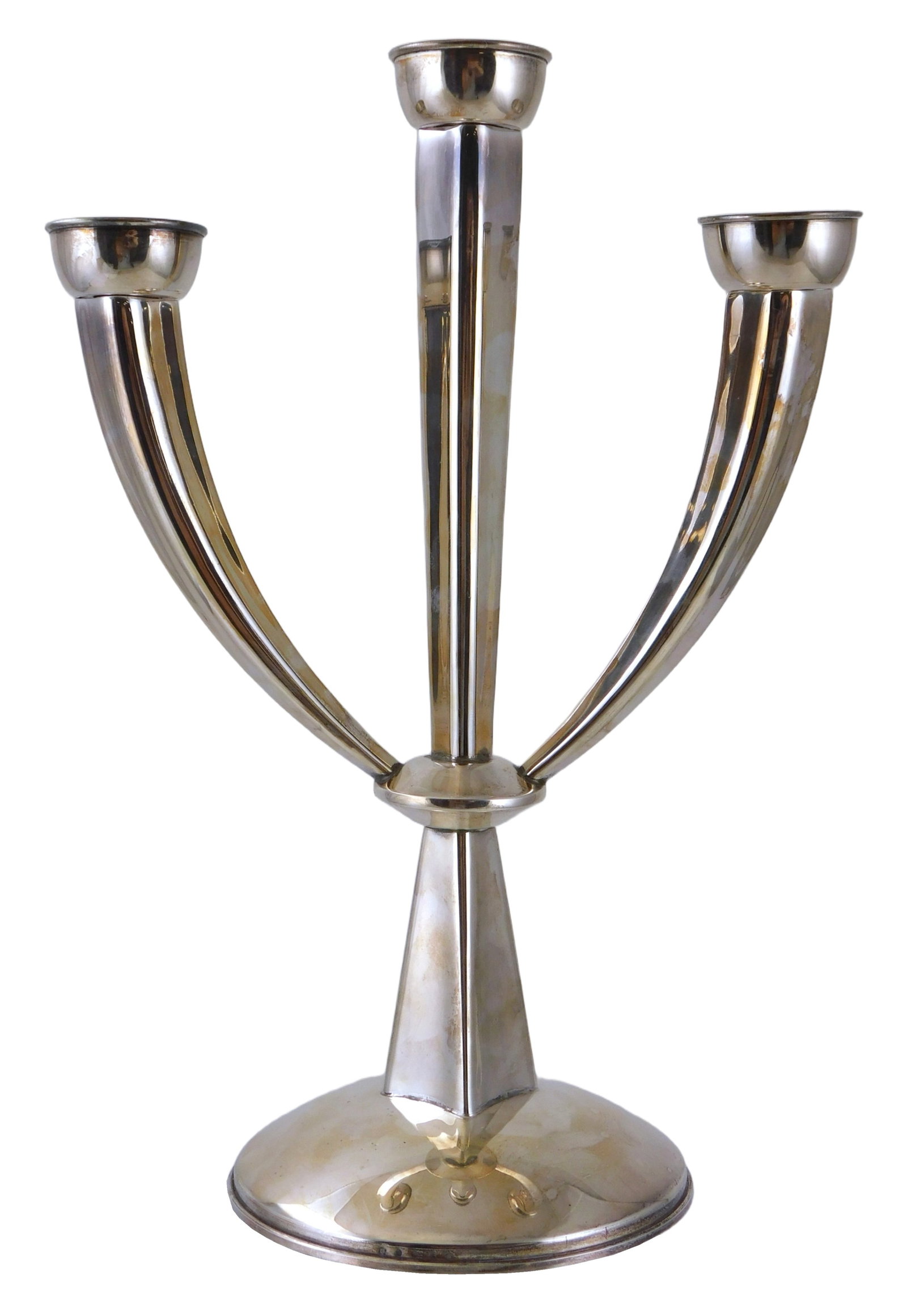 STERLING: Modern three-arm sterling silver candelabra, stamped 'sterling' to base and on each (1 of 3)