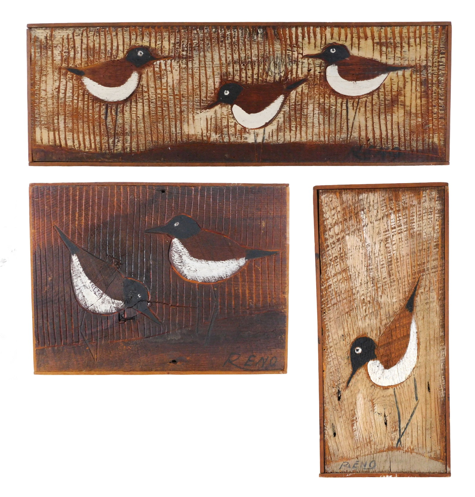 Ralph Eno (American, 1902- 1962), three shorebird paintings, oil on carved board, depictions of (1 of 9)