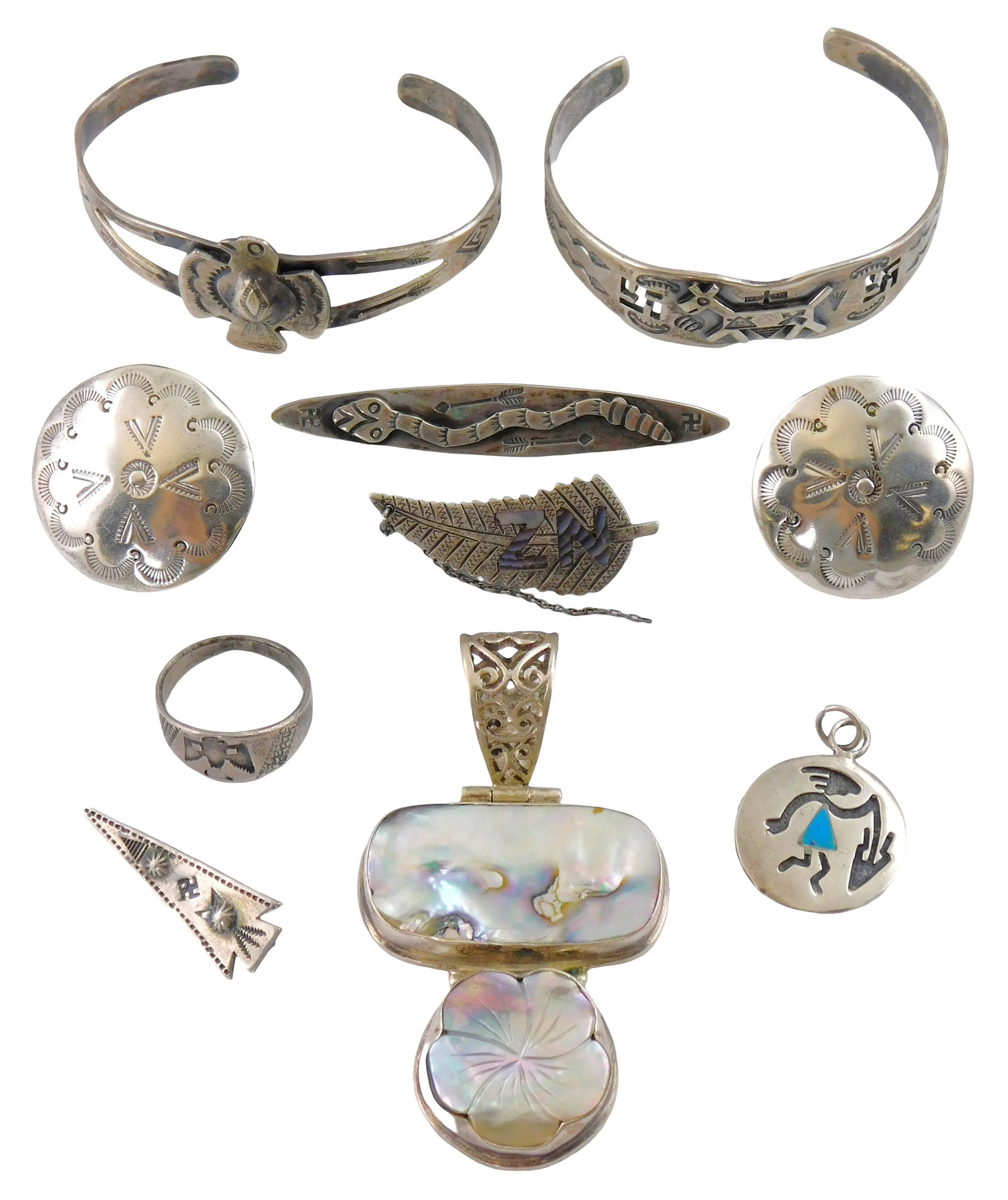 SILVER JEWELRY: Ten pieces of Mexican/ Southwestern style jewelry, all stamped sterling or tested (1 of 3)
