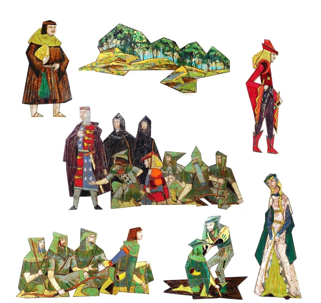 MURAL FIGURES: Seven large "Legend of Robin Hood" mural figures, c. 1970's, glazed tile mosaic on: MURAL FIGURES: Seven large "Legend of Robin Hood" mural figures, c. 1970's, glazed tile mosaic on thick wooden board support, no signatures/ maker's marks viewed, figures included: Maid Marion in teal
