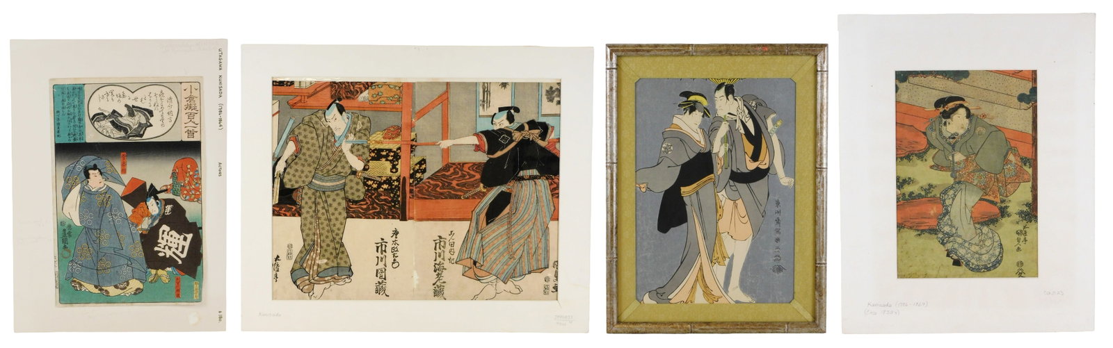 ASIAN: Four Japanese ukiyo-e Kabuki-themed prints, Utagawa Kunisada and Toshusai Sharaku, three: ASIAN: Four Japanese ukiyo-e Kabuki-themed prints, Utagawa Kunisada and Toshusai Sharaku, three woodblocks and one mechanical reproduction, details include: Utagawa Kunisada, aka Toyokuni III (Japan, 