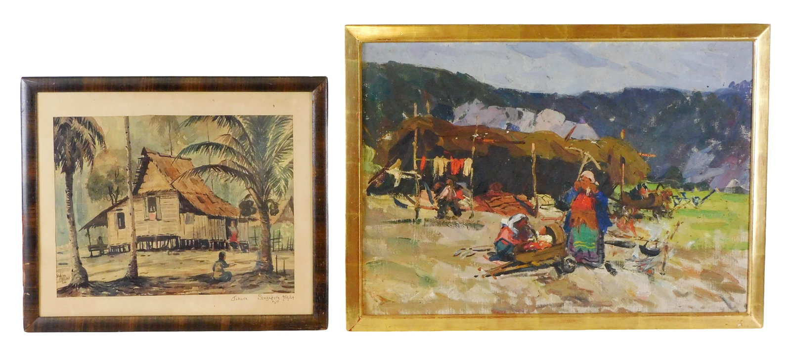 Two international artworks, including 20th C. watercolor of island building, inscribed “: Two international artworks, including 20th C. watercolor of island building, inscribed “Singapore”, house on stilts surrounded by palm trees, signed indistinctly with “Hassan” 