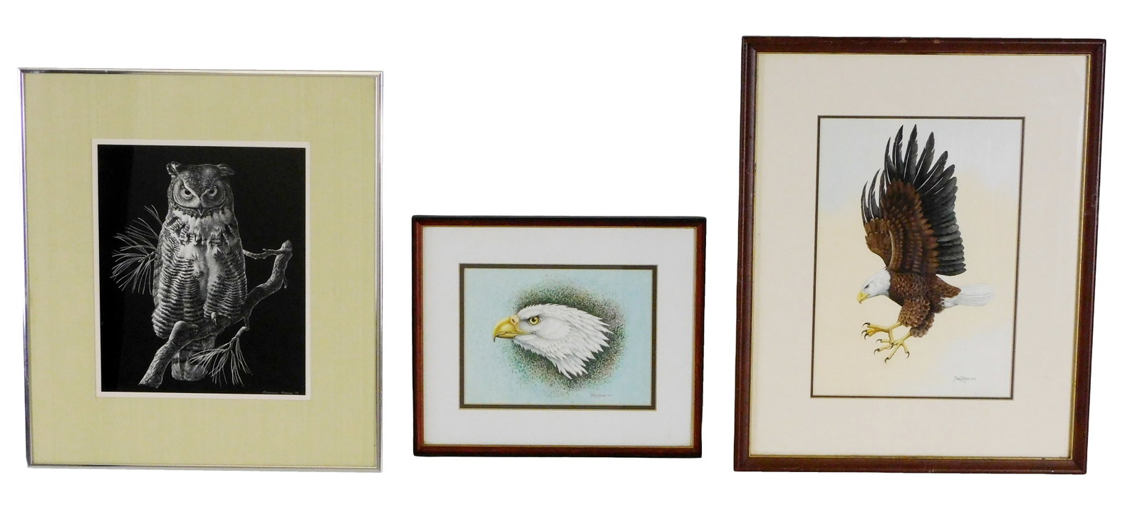 Three 1970's bird themed pieces, watercolor and etching, all framed behind glass, details include:: Three 1970's bird themed pieces, watercolor and etching, all framed behind glass, details include: Alderson Magee (CT, 1929-2016), scratch art engraving, c. 1972, ink and clay on board, depiction of g
