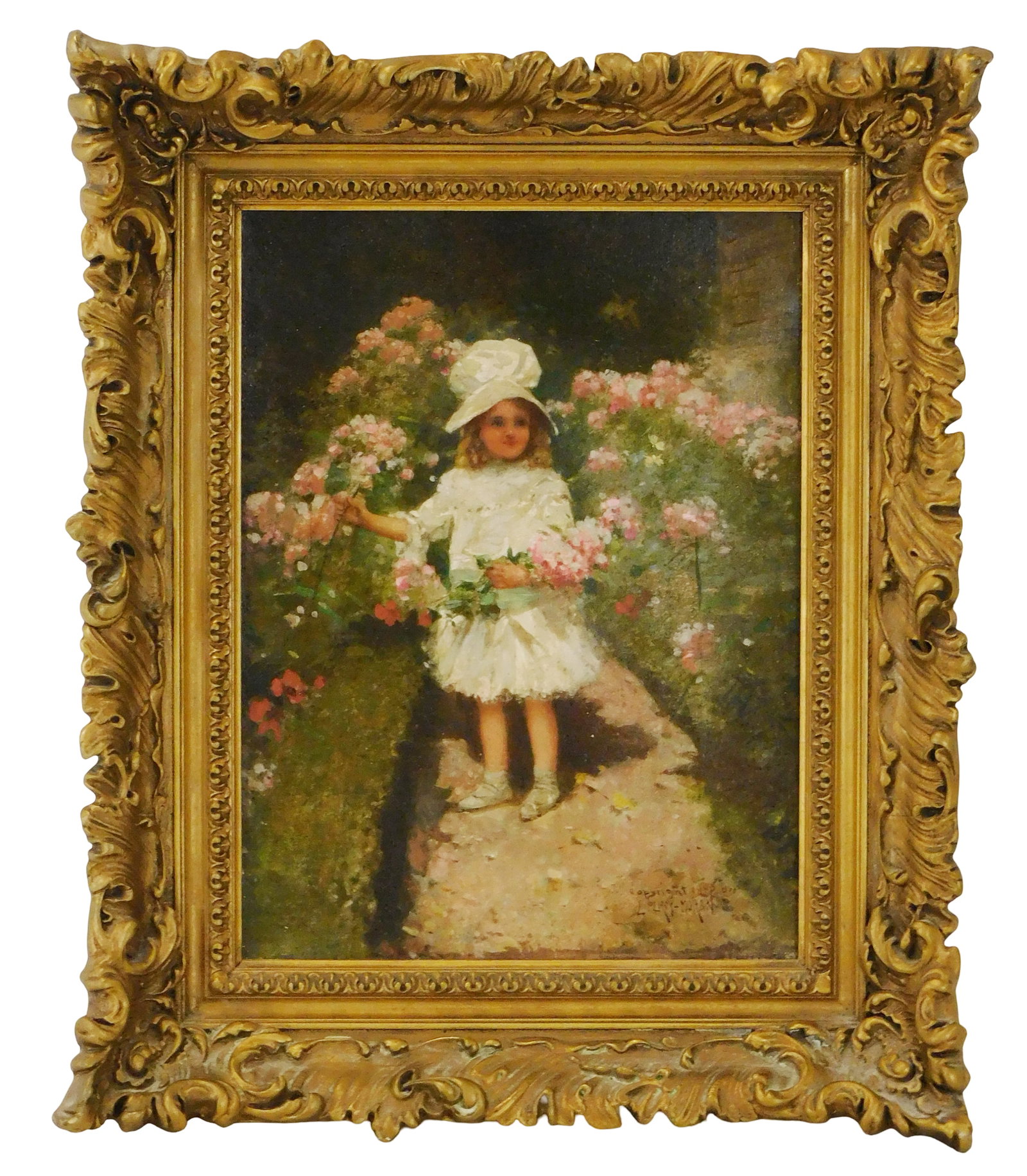 Edward Percy Moran (American, 1862 - 1935), "Young Girl on Garden Path", 1905, oil on canvas,: Edward Percy Moran (American, 1862 - 1935), "Young Girl on Garden Path", 1905, oil on canvas, depicts blonde girl in all white finery collecting pink and white phlox flowers from hedge-lined path, sig