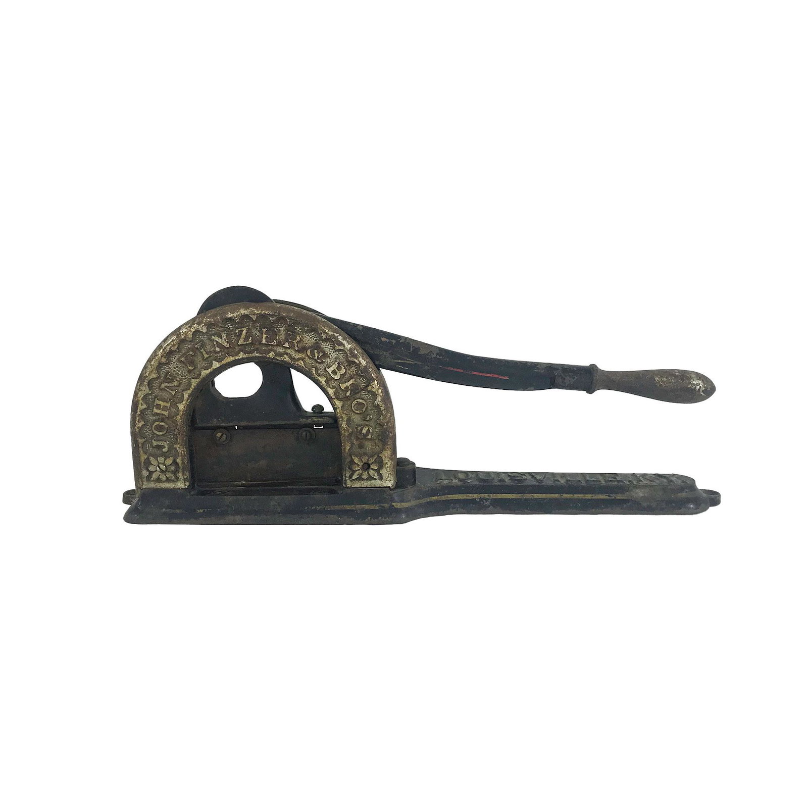 Cast Iron Tobacco Cutter: Nickel plated arch and painted black with gold and red border lines. Base marked with raised lettering Louisville, KY. Bottom underside marked Enterprise M.F.G, Co. Philadelphia, PA., c.1880-1900 7”