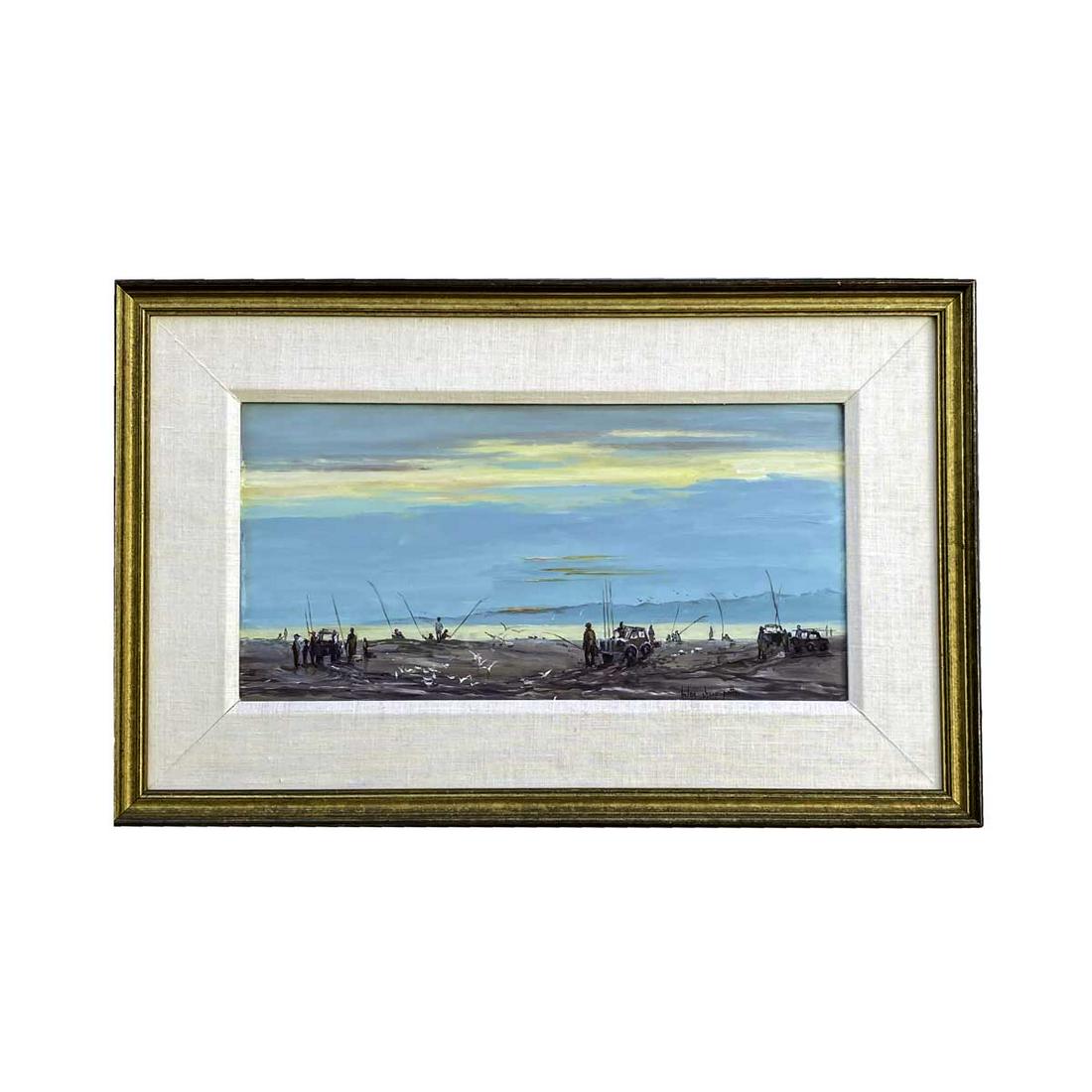 After the Madaket Blues by Helen Sharp Potter: Oil on Masonite, signed lower right with title on back. Helen Sharp Potter, c. 1980 , Matted and framed, 17.5 inches H x 27.5 inches W overall. 9.5 inches x 19.5 inches sight.