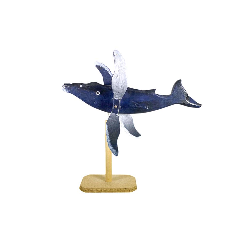 Blue Whale Whirligig, Signed David Murray, Jr.: Carved and painted, signed on the underside David Murray Jr. 20 inches H x 23.5 inches W x 6.5 inches D.
