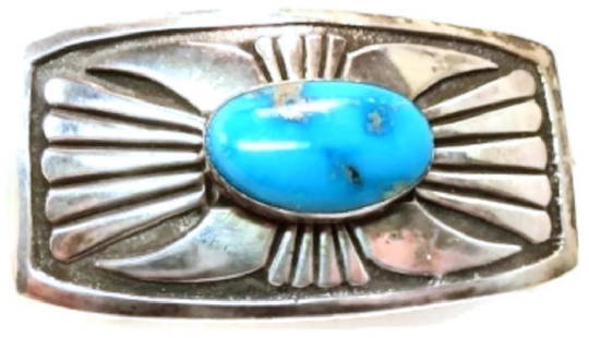 Sterling Silver and Turquoise Belt Buckle: Sterling Silver belt buckle with gem quality American turquoise stone - 20 mm x 12 mm cabochon, Navajo; will accommodate 7/8" - 1" belt;. Stone most probably from Morenci or Kingman mines. 27.70 gm