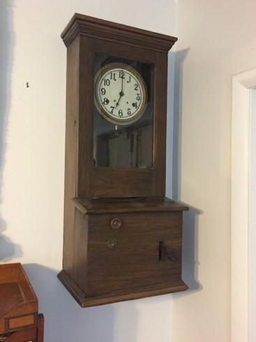 Antique Time Recorder Clock (wks.but stops. Needs: Antique Time Recorder Clock (wks.but stops. Needs oiling)Been Painted Dimensions: 36" x 15.5" x 11"