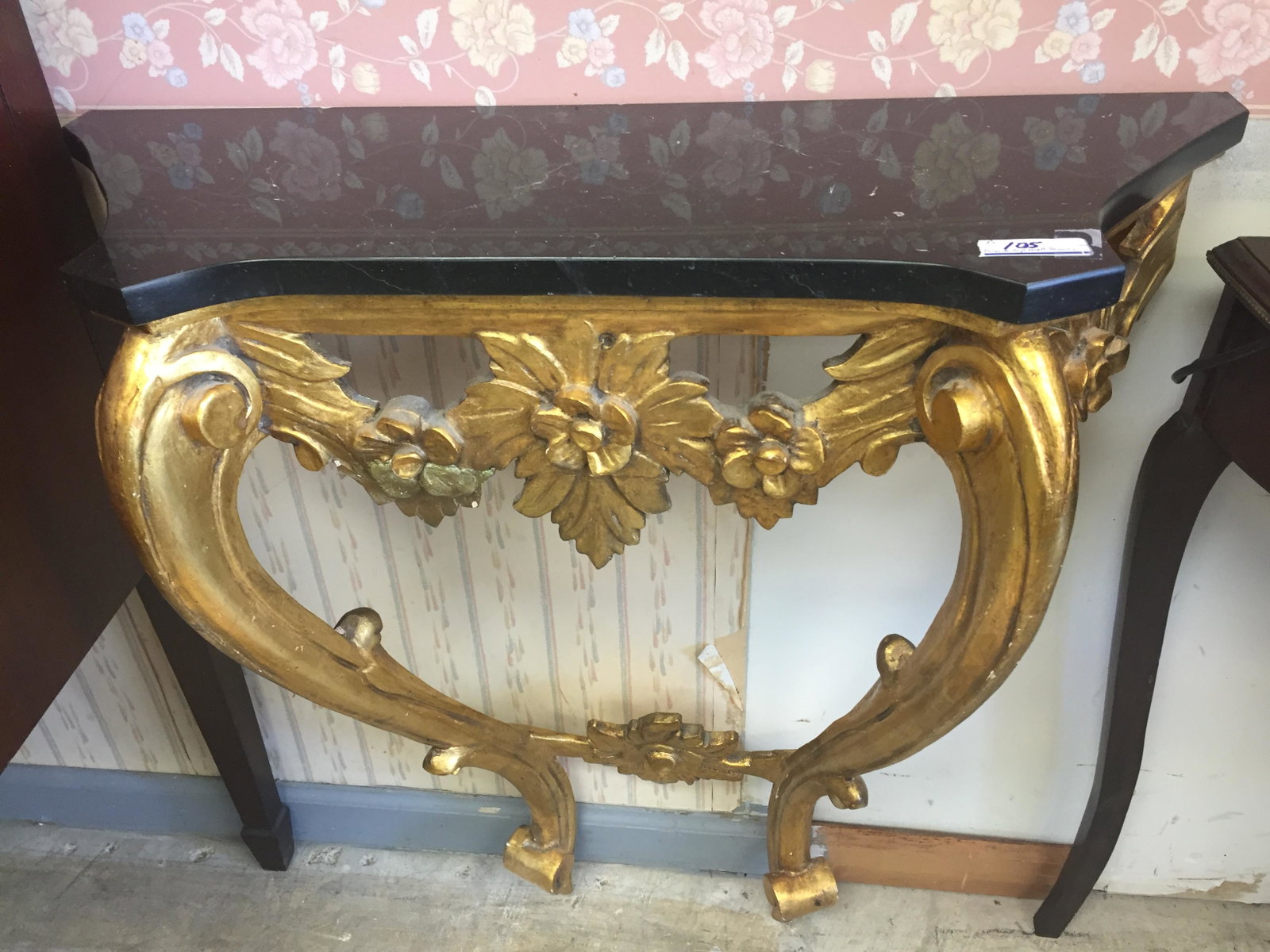 Wall Mount Blk.Granite Top, Gilt Base Console Table: Wall Mount Blk.Granite Top, Gilt Base Console Table Dimensions: 31" x 27.5" x 11"