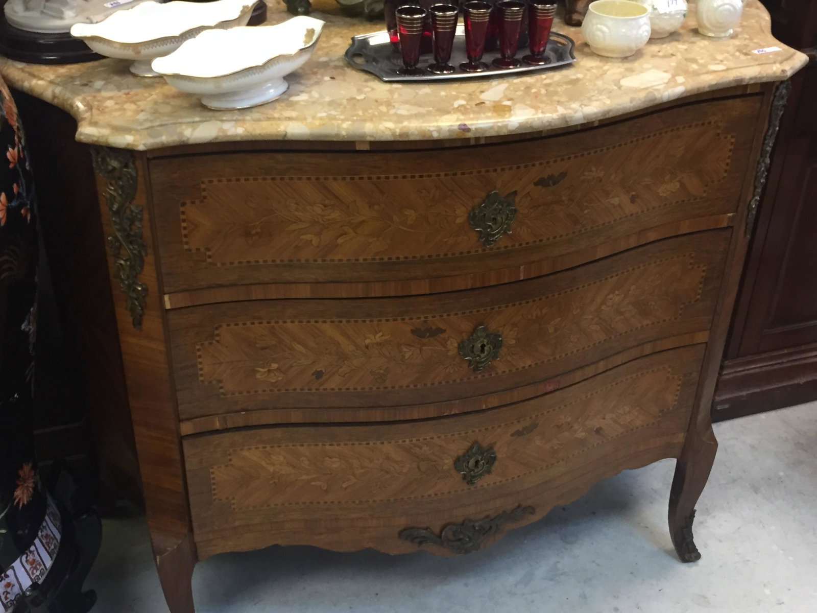 French Kingwood Marble Top Commode w/attached Ormolu: French Kingwood Marble Top Commode w/attached Ormolu Dimensions: 37" x 45" x 21"