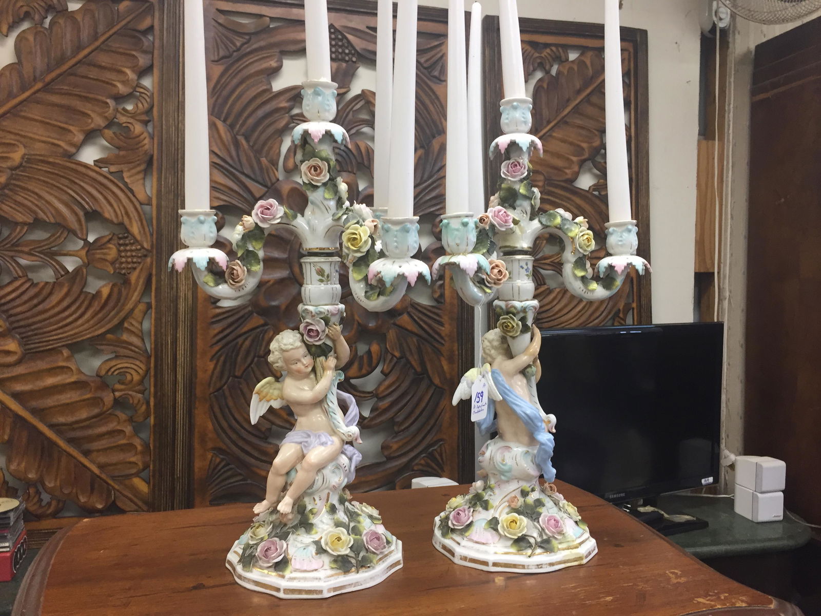 Capodimonte Candelabras: Capodimonte Candelabras Dimensions: 19.25" x 9.5"One arm has been glued on and found several chipped flowers.