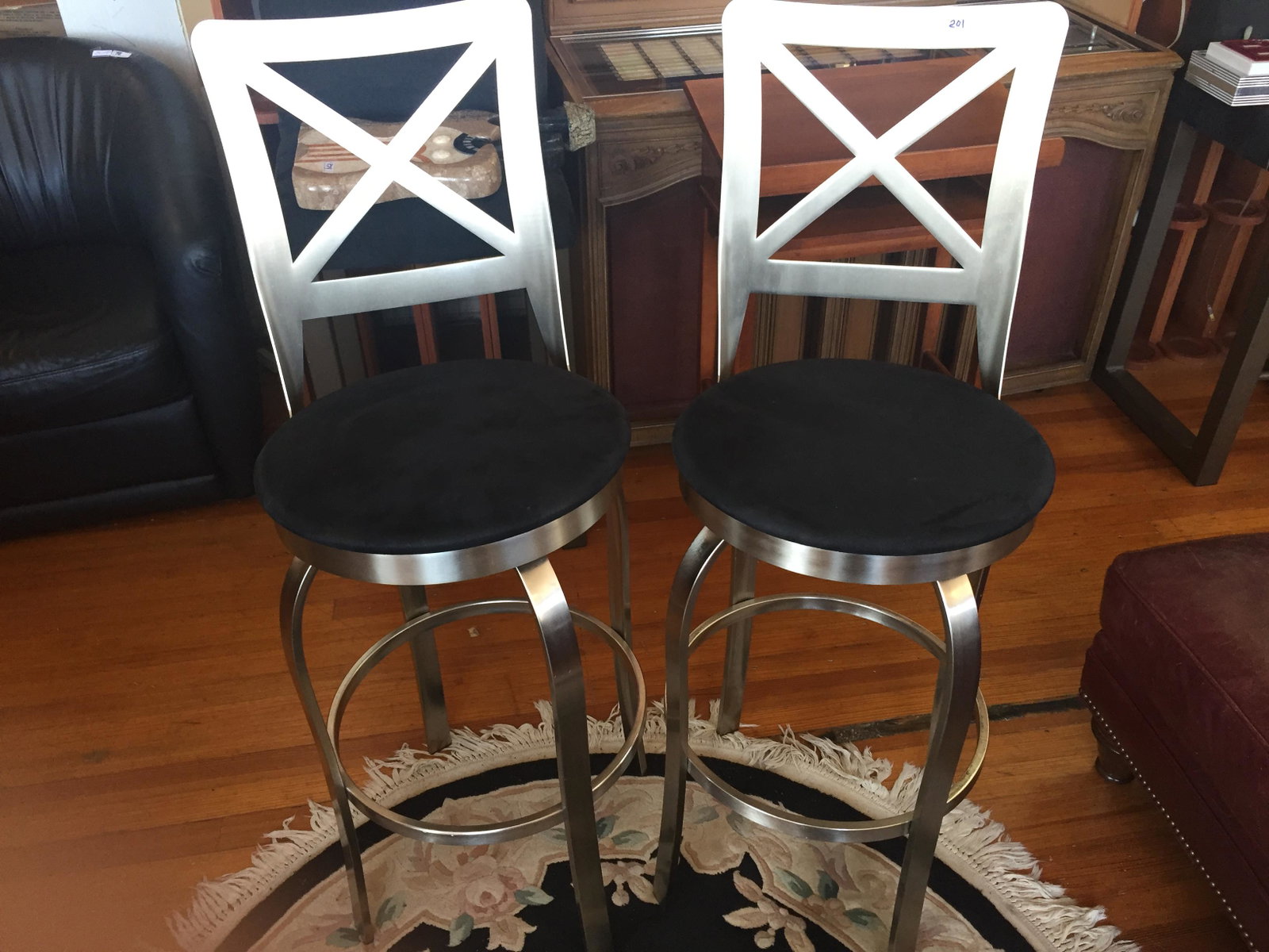 Bar Stools Polished Metal w/Blk.Suede Seats: Bar Stools Polished Metal w/Blk.Suede Seats