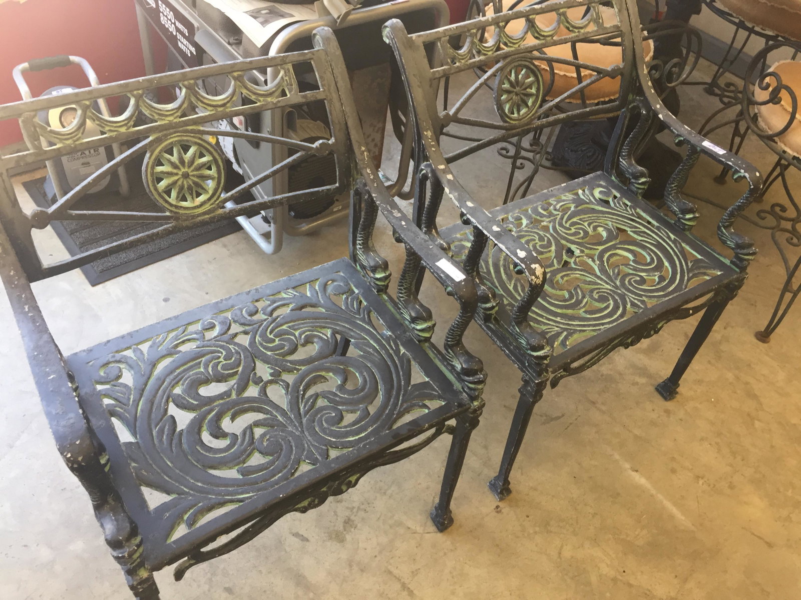 Patio Chairs: (2) Iron Dolphin Arm Chairs
