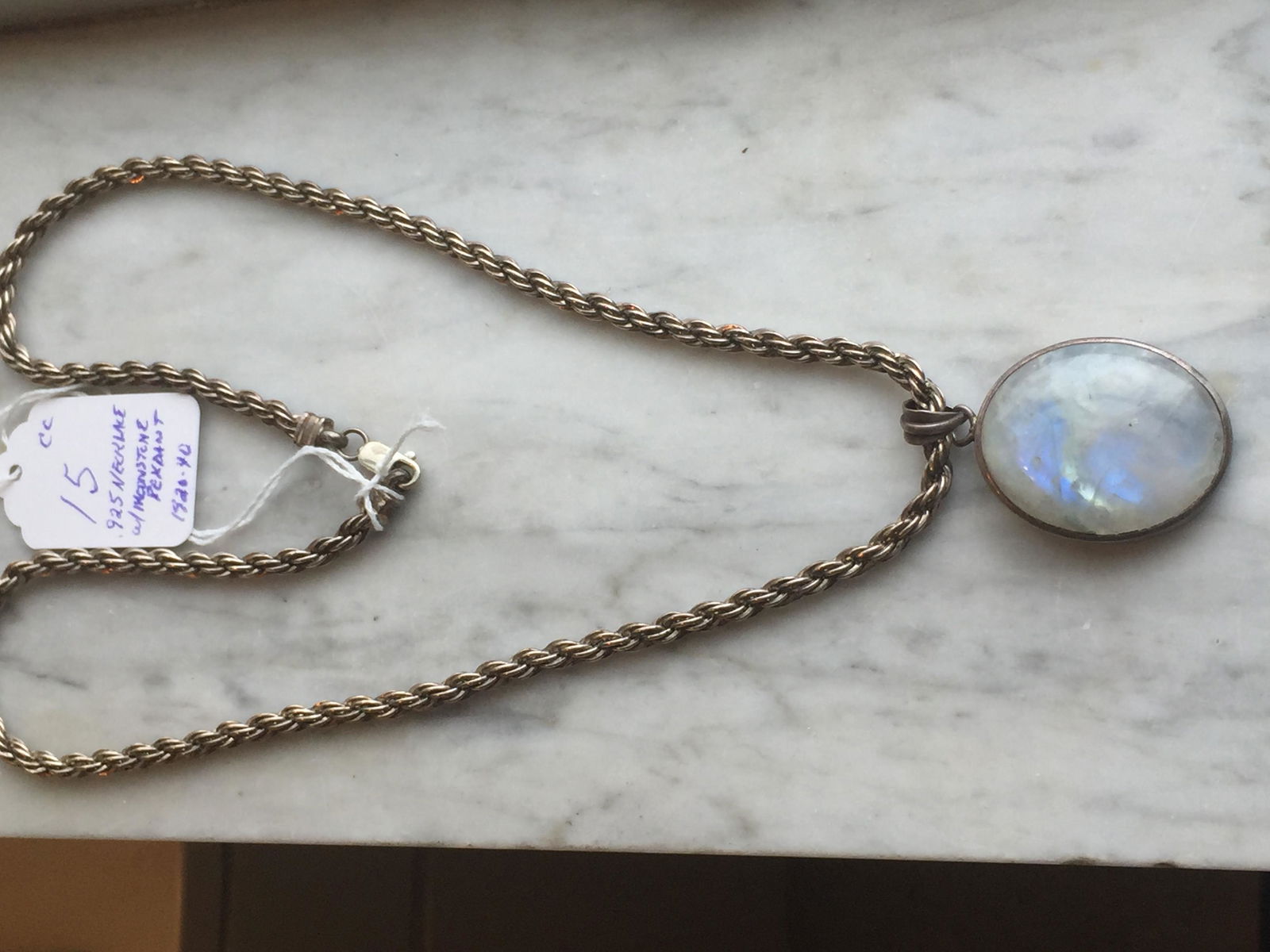 Necklace .925, w/Moonstone Pendant, c.1920-40: Necklace .925, w/Moonstone Pendant, c.1920-40