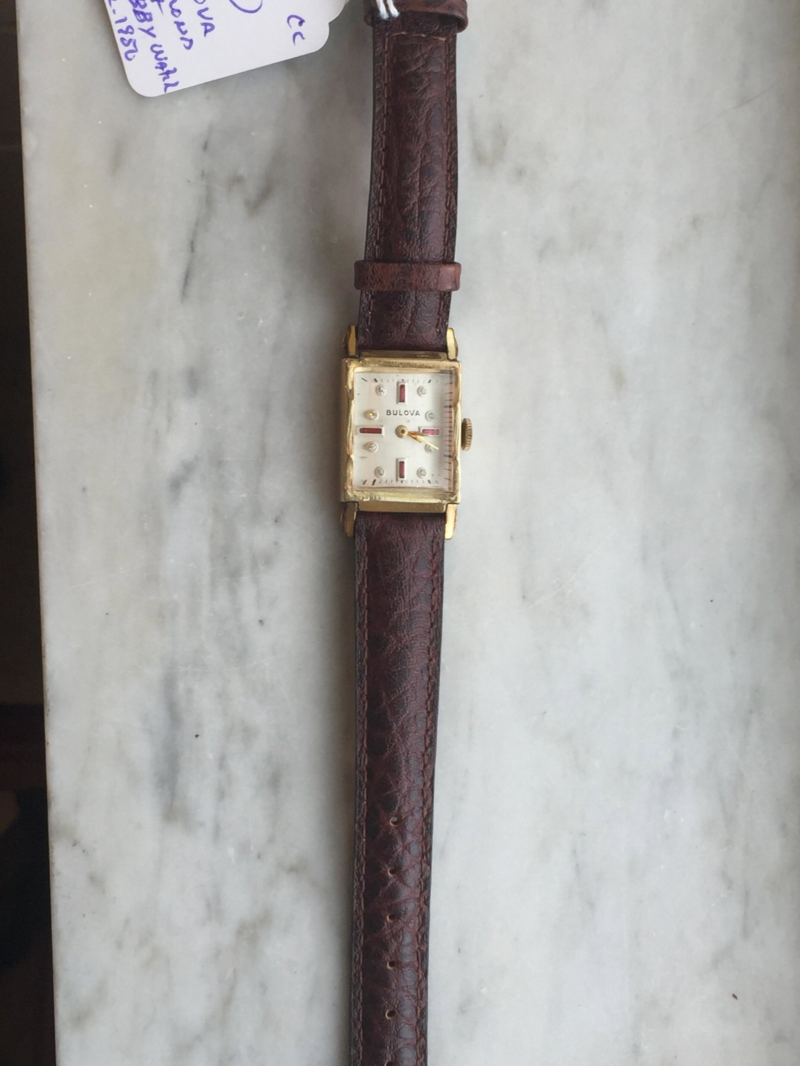 Bulova, Diamond & Ruby Watch, Leather Band 1950: Bulova, Diamond & Ruby Watch, Leather Band 1950