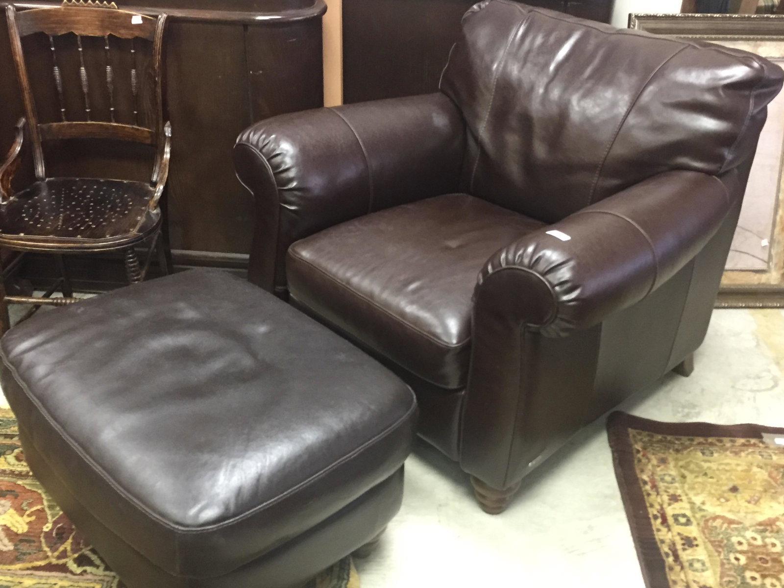 Natuzzi, Brown Leather Arm Chair w/Ottoman: Natuzzi, Brown Leather Arm 36"h x 40"w x 36"dNatuzzi Ottoman 17"h x 29"w x 22"d