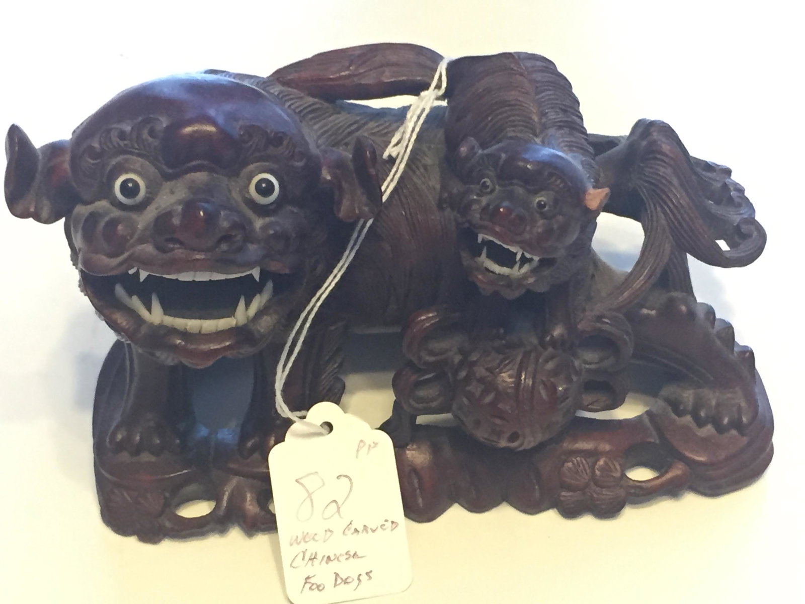 WOOD CARVED CHINESE FOO DOGS (ear tip missing) 4.5H X: WOOD CARVED CHINESE FOO DOGS (ear tip missing) 4.5H X 6.5W X 3.5D