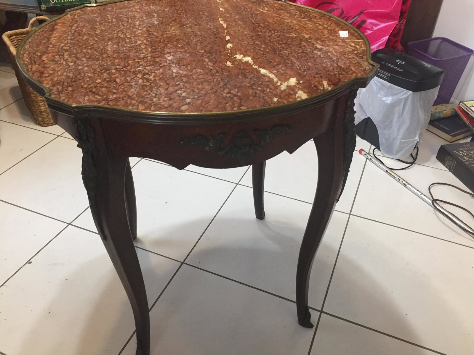 MAHOGANY FRENCH TABLE W/ATTACH. ORMOLU, 29.5H X:  MAHOGANY FRENCH TABLE W/ATTACH. ORMOLU, 29.5H X 28d”dia.