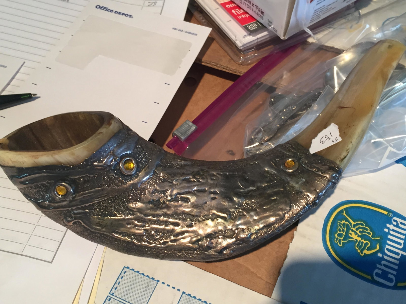 SILVER OVERLAY JEWISH RAM’S SHOFAR:  SILVER OVERLAY JEWISH RAM’S SHOFAR