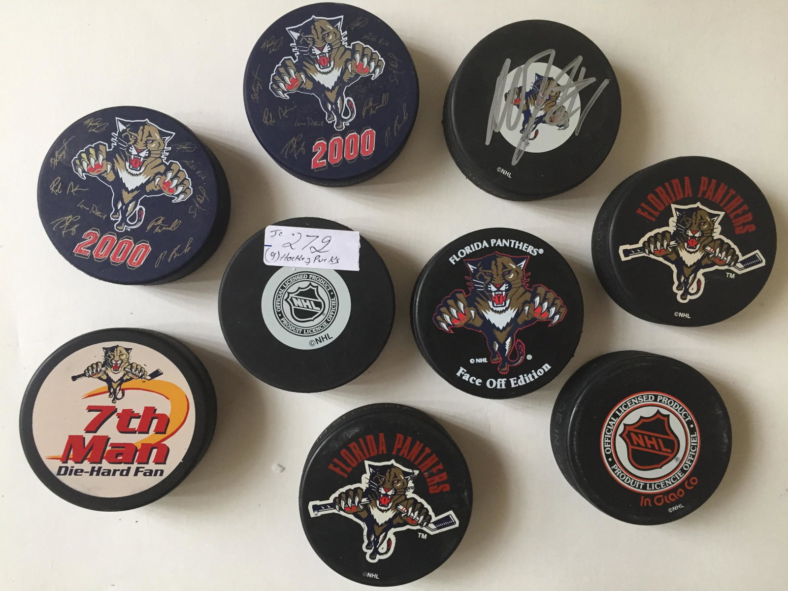 Hockey Pucks, (9) NFL Panthers & 1996 POSTER: Hockey Pucks, (9) NFL Panthers & 1996 POSTER (18.5X25”H)